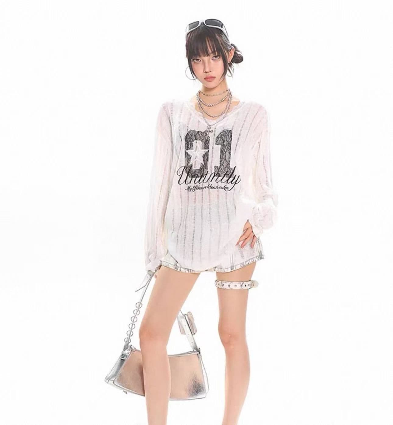 루즈핏 V넥 슬림해 보이는 한 부서 패치워크 숫자 자외선 차단 블라우스 티셔츠 레이스 얇은 스타일 상세 이미지 10