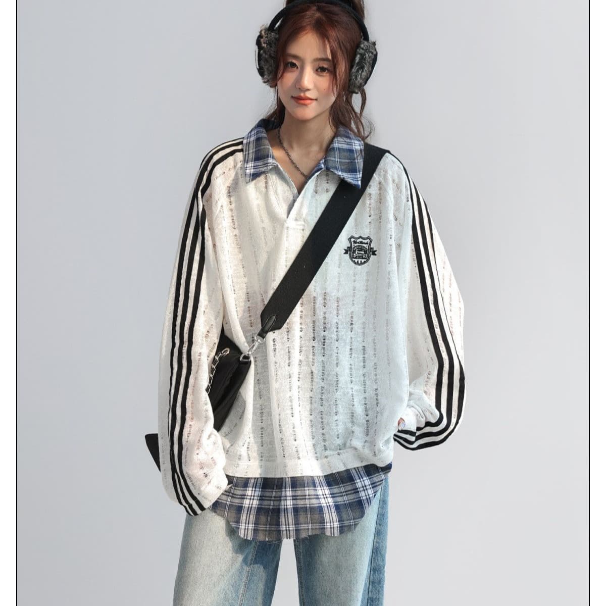 레트로 맨위 체크무늬 패치워크 페이크 레이어드 polo 웨이 여성 의류 봄 가을 홀로우 아웃 긴팔 이미지 5