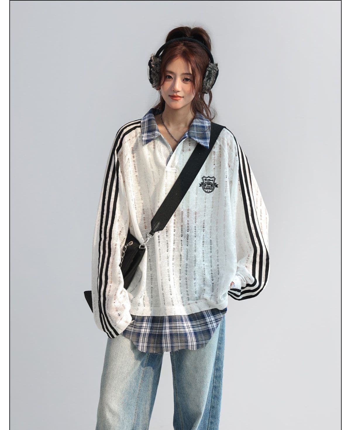 레트로 맨위 체크무늬 패치워크 페이크 레이어드 polo 웨이 여성 의류 봄 가을 홀로우 아웃 긴팔 상세 이미지 3