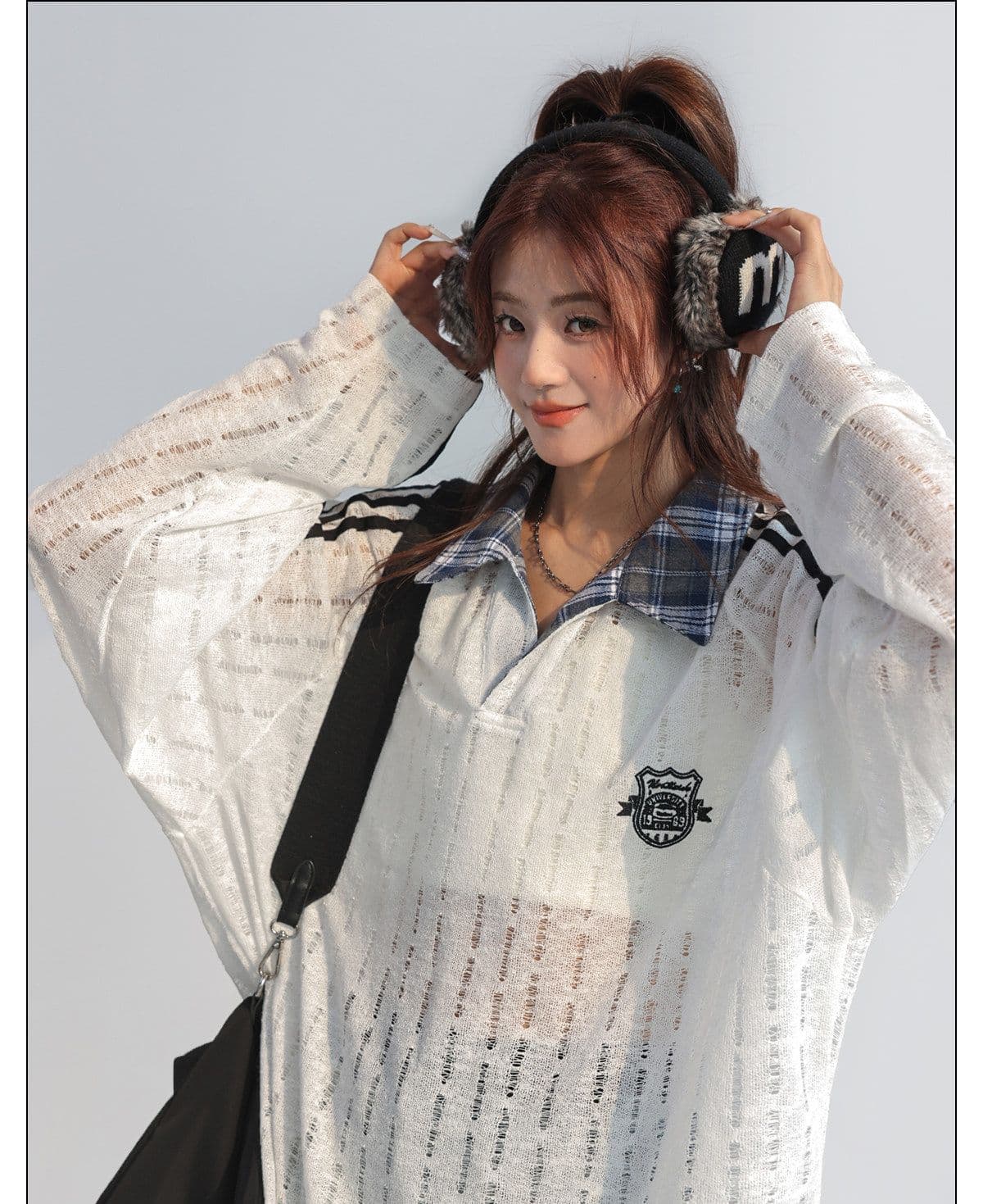 레트로 맨위 체크무늬 패치워크 페이크 레이어드 polo 웨이 여성 의류 봄 가을 홀로우 아웃 긴팔 상세 이미지 4