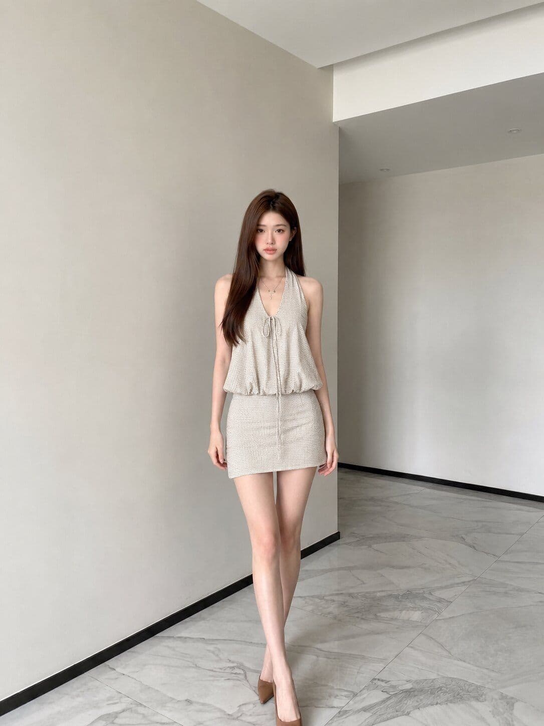 V넥 행침 목 백리스 꽃밭 조끼 작은 셔츠 슬림해 보이는 반신 미니 스커트 투피스 세트 여성 여름 패션 세트 이미지 2