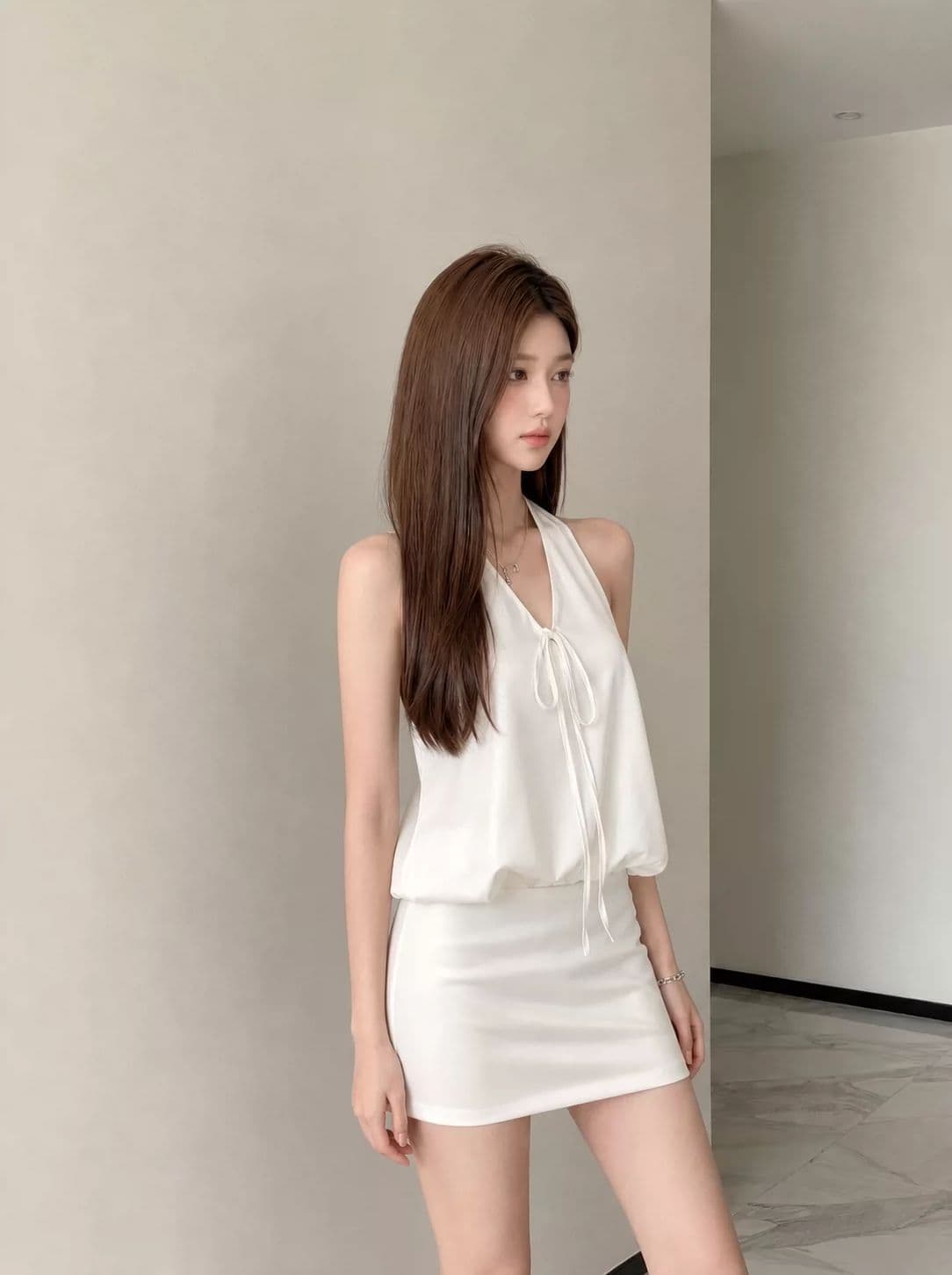 V넥 행침 목 백리스 꽃밭 조끼 작은 셔츠 슬림해 보이는 반신 미니 스커트 투피스 세트 여성 여름 패션 세트 이미지 3