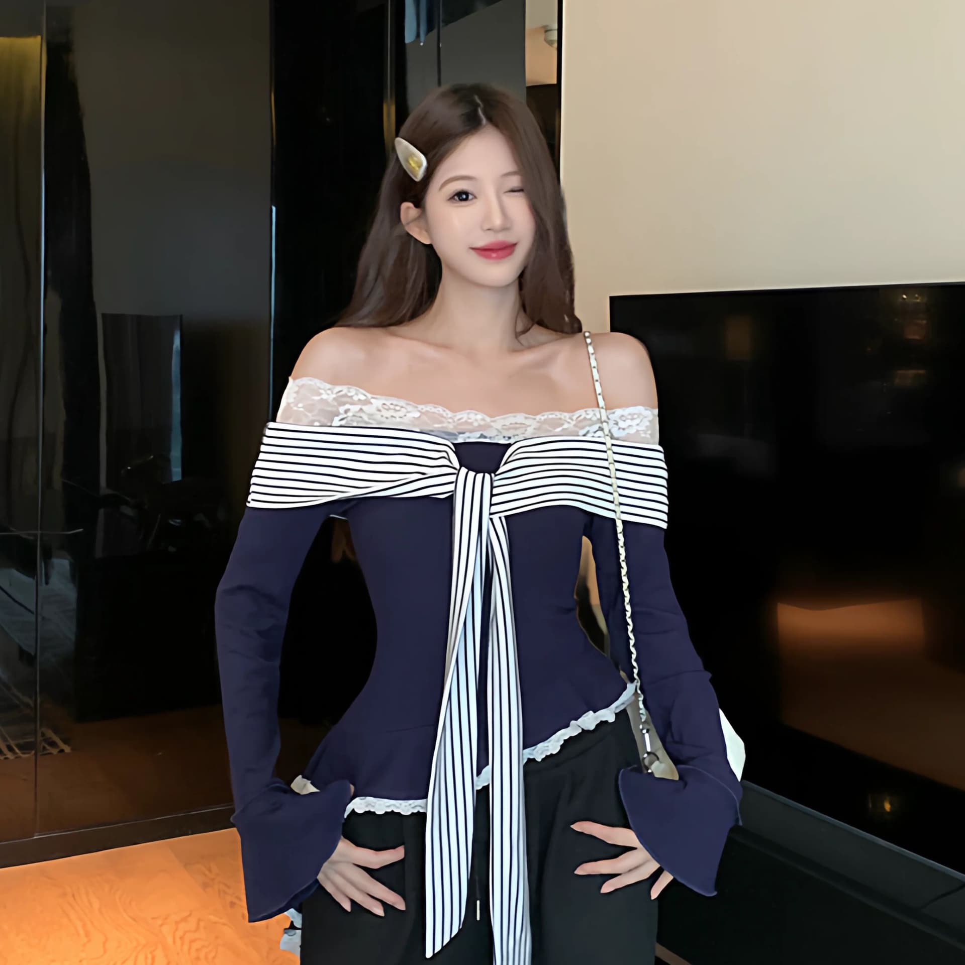 아메리칸 레트로 섹시함 핫걸 오프숄더 페이크 레이어드 아름다운 긴팔 기본 셔츠 여성 인사이드 가져 가라. 고유 한 맨위 이미지 2