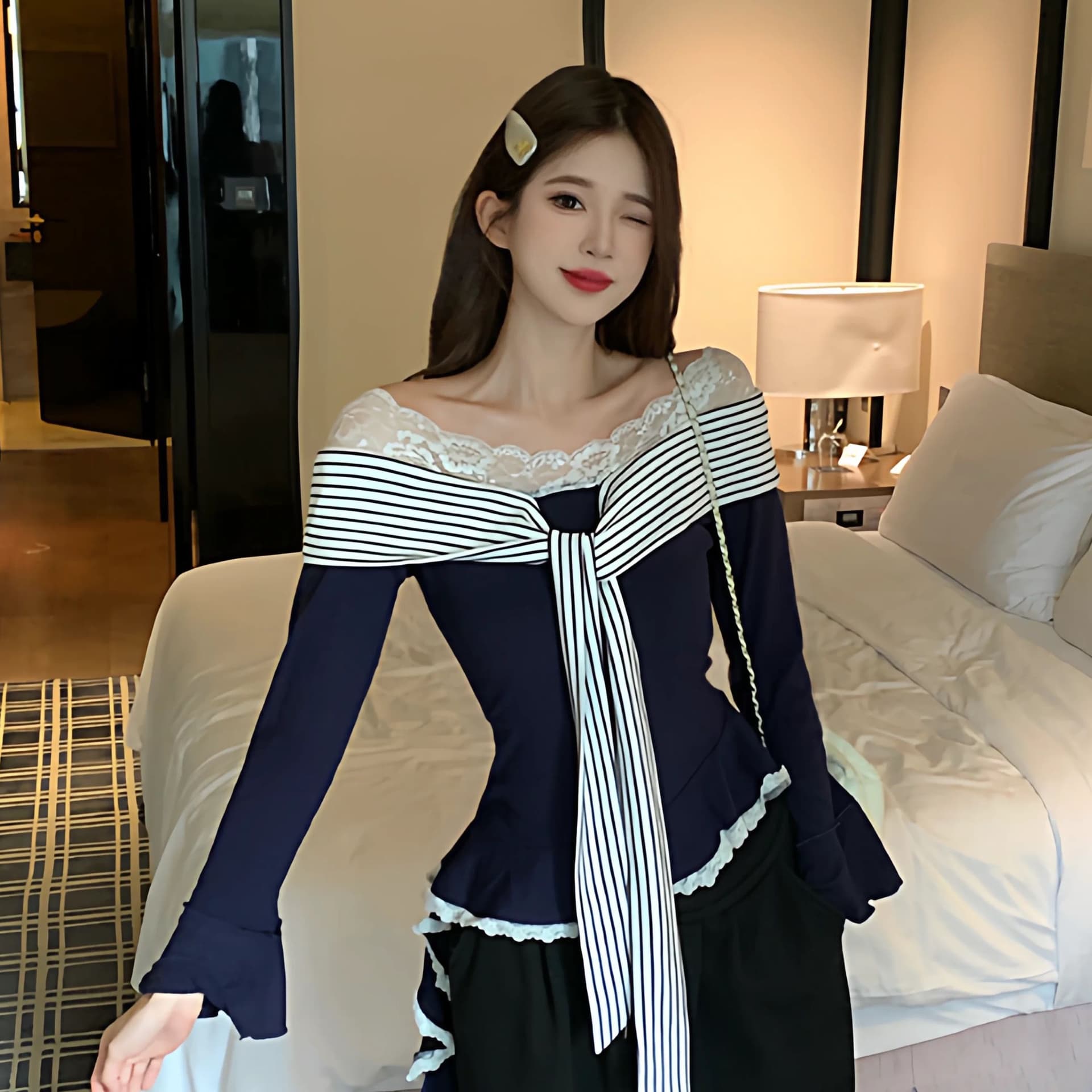 아메리칸 레트로 섹시함 핫걸 오프숄더 페이크 레이어드 아름다운 긴팔 기본 셔츠 여성 인사이드 가져 가라. 고유 한 맨위 이미지 4