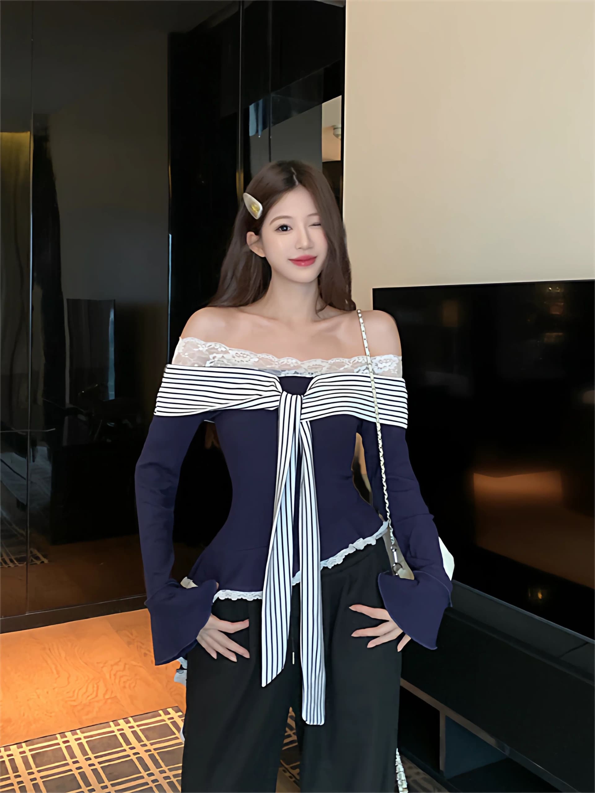 아메리칸 레트로 섹시함 핫걸 오프숄더 페이크 레이어드 아름다운 긴팔 기본 셔츠 여성 인사이드 가져 가라. 고유 한 맨위 상세 이미지 4