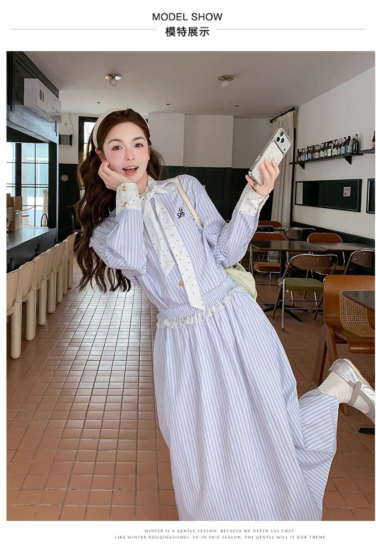 고유 한 아름다운 파란색 세로 줄무늬 셔츠 여성 드레스 봄 코치 점잖은 아름다운 품격 빛 요리 한 착용 가져 가라. 세트 상세 이미지 1