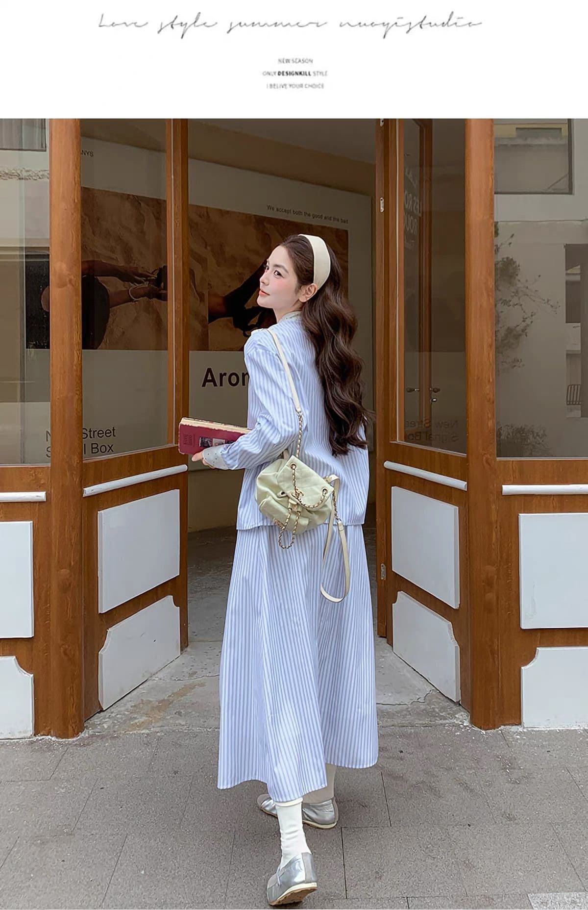 고유 한 아름다운 파란색 세로 줄무늬 셔츠 여성 드레스 봄 코치 점잖은 아름다운 품격 빛 요리 한 착용 가져 가라. 세트 상세 이미지 2