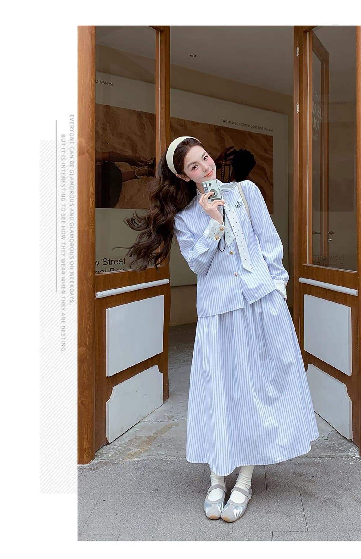 고유 한 아름다운 파란색 세로 줄무늬 셔츠 여성 드레스 봄 코치 점잖은 아름다운 품격 빛 요리 한 착용 가져 가라. 세트 상세 이미지 5