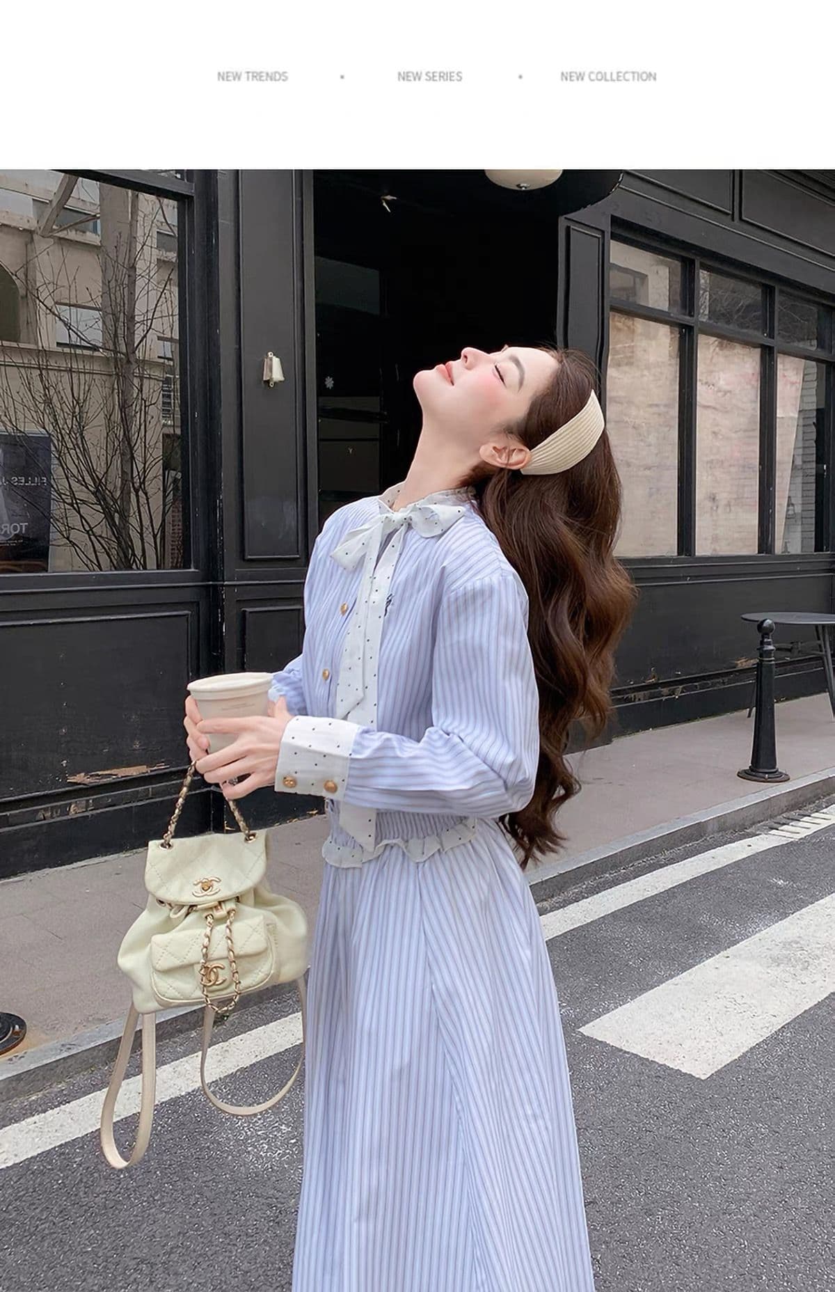 고유 한 아름다운 파란색 세로 줄무늬 셔츠 여성 드레스 봄 코치 점잖은 아름다운 품격 빛 요리 한 착용 가져 가라. 세트 상세 이미지 6