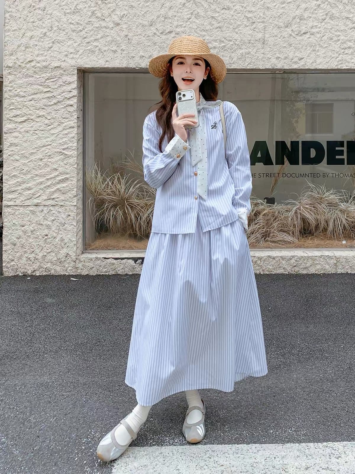 고유 한 아름다운 파란색 세로 줄무늬 셔츠 여성 드레스 봄 코치 점잖은 아름다운 품격 빛 요리 한 착용 가져 가라. 세트 상세 이미지 9