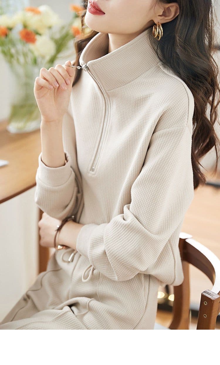 캐주얼 질감 운동복 투피스 세트 2026 봄과 가을 미니멀리즘 폴로 칼라 후드티 허리밴드 긴 바지 여성복 상세 이미지 17