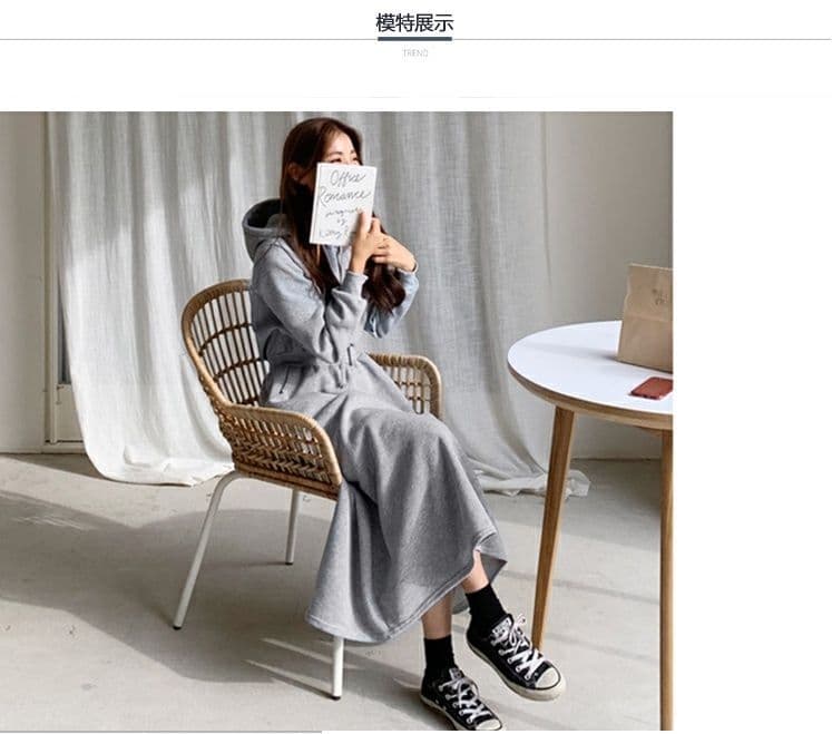 2026 빅 사이즈 봄 가을 후드티 드레스 여성 롱 코트 슬림해 보이는 디스플레이 높음 무릎 아래 하이웨이스트 후드 드레스 캐주얼 치마 상세 이미지 6