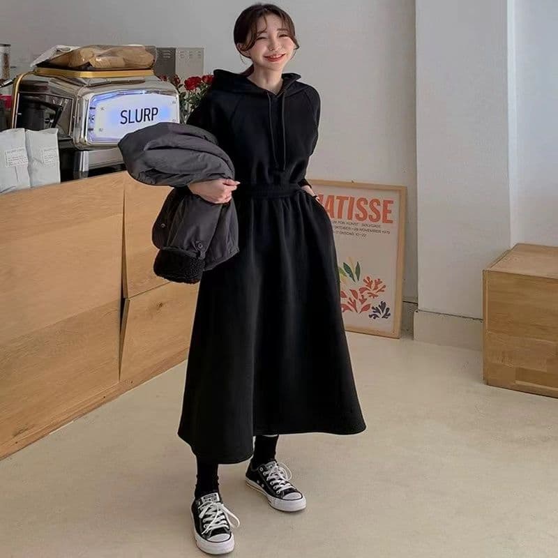 2026 빅 사이즈 봄 가을 후드티 드레스 여성 롱 코트 슬림해 보이는 디스플레이 높음 무릎 아래 하이웨이스트 후드 드레스 캐주얼 치마 상세 이미지 17