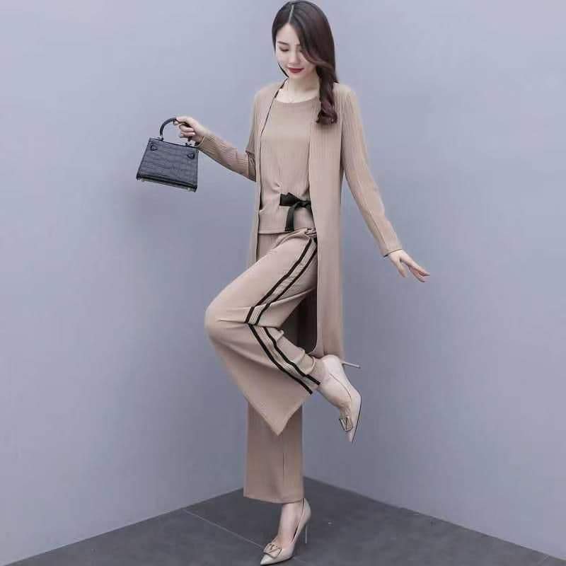 봄 가을 새로운 세트 여성 와이드 레그 팬츠 2026 품격 연령 감소 슬림해 보이는 외국 가스 로얄 자매 빛 요리 한 바람 3종 세트 이미지 4