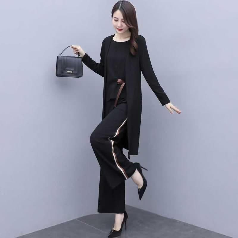 봄 가을 새로운 세트 여성 와이드 레그 팬츠 2026 품격 연령 감소 슬림해 보이는 외국 가스 로얄 자매 빛 요리 한 바람 3종 세트 이미지 2