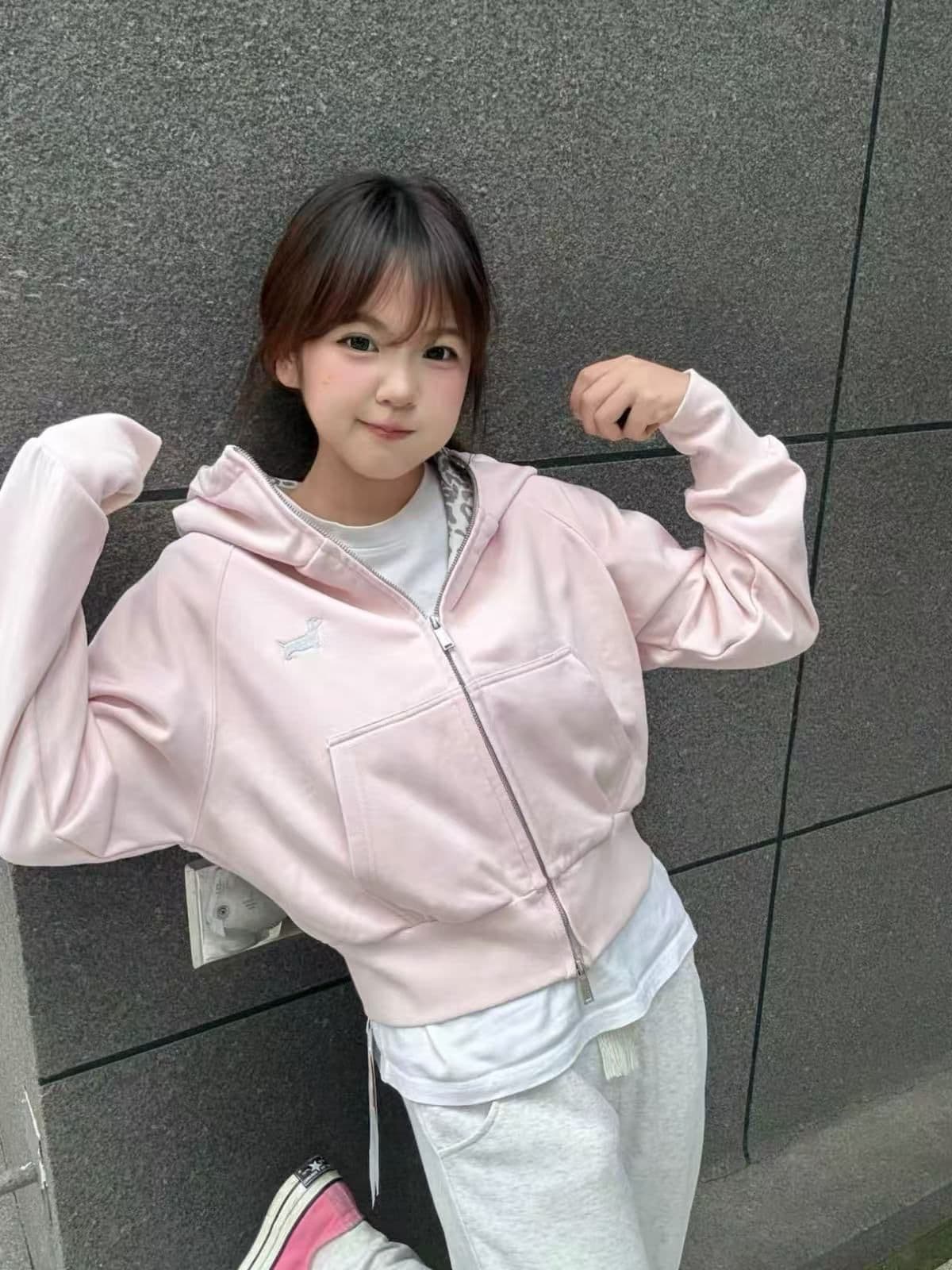 얇은 스타일 백금 지퍼 순수한 Mianhua 면 복합 후드티 여성 상세 이미지 7