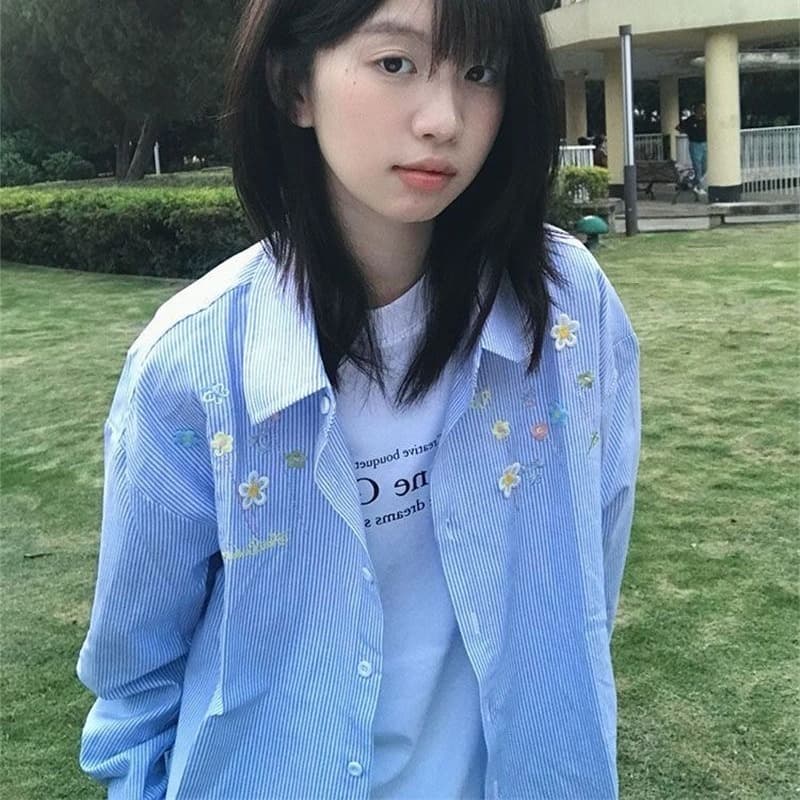 꽃 부형제 자수 컬러 짜임 천 포함 면 60 스트라이프 긴팔 셔츠 이미지 5