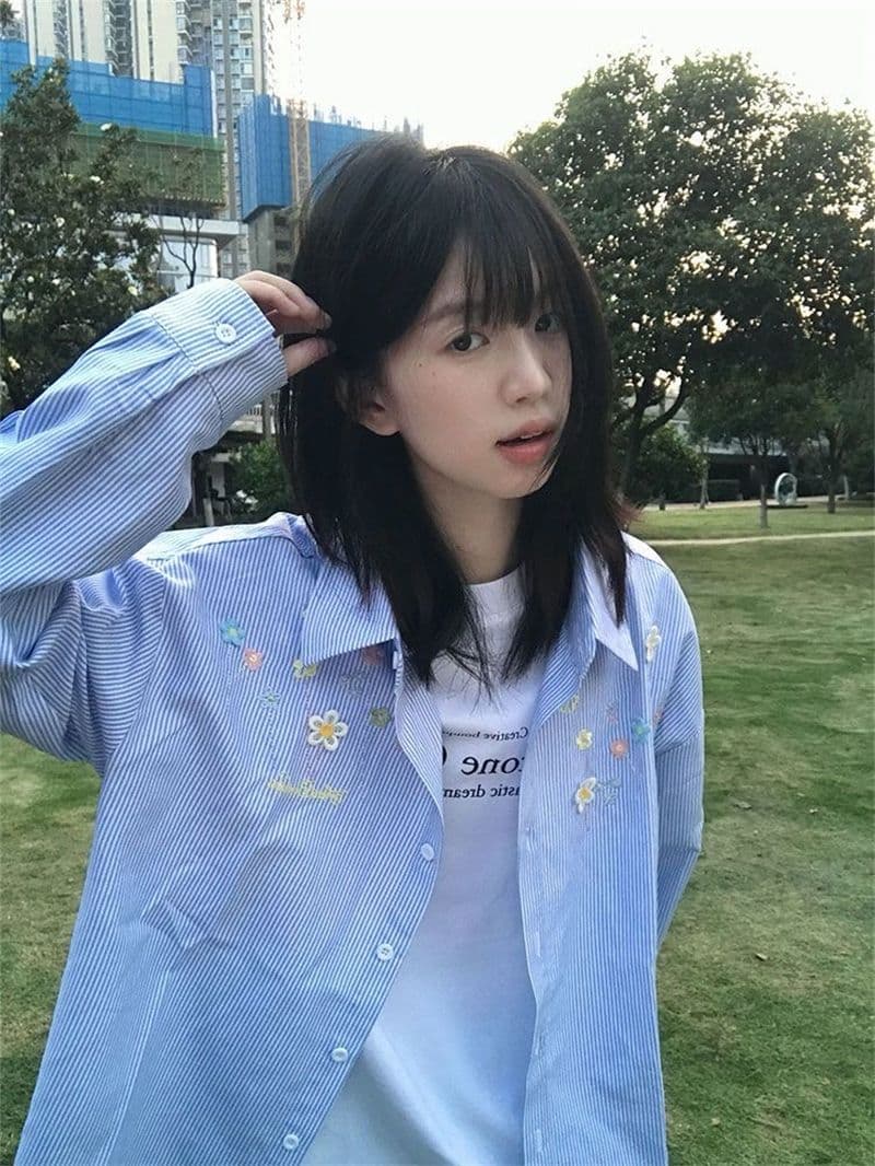 꽃 부형제 자수 컬러 짜임 천 포함 면 60 스트라이프 긴팔 셔츠 상세 이미지 6