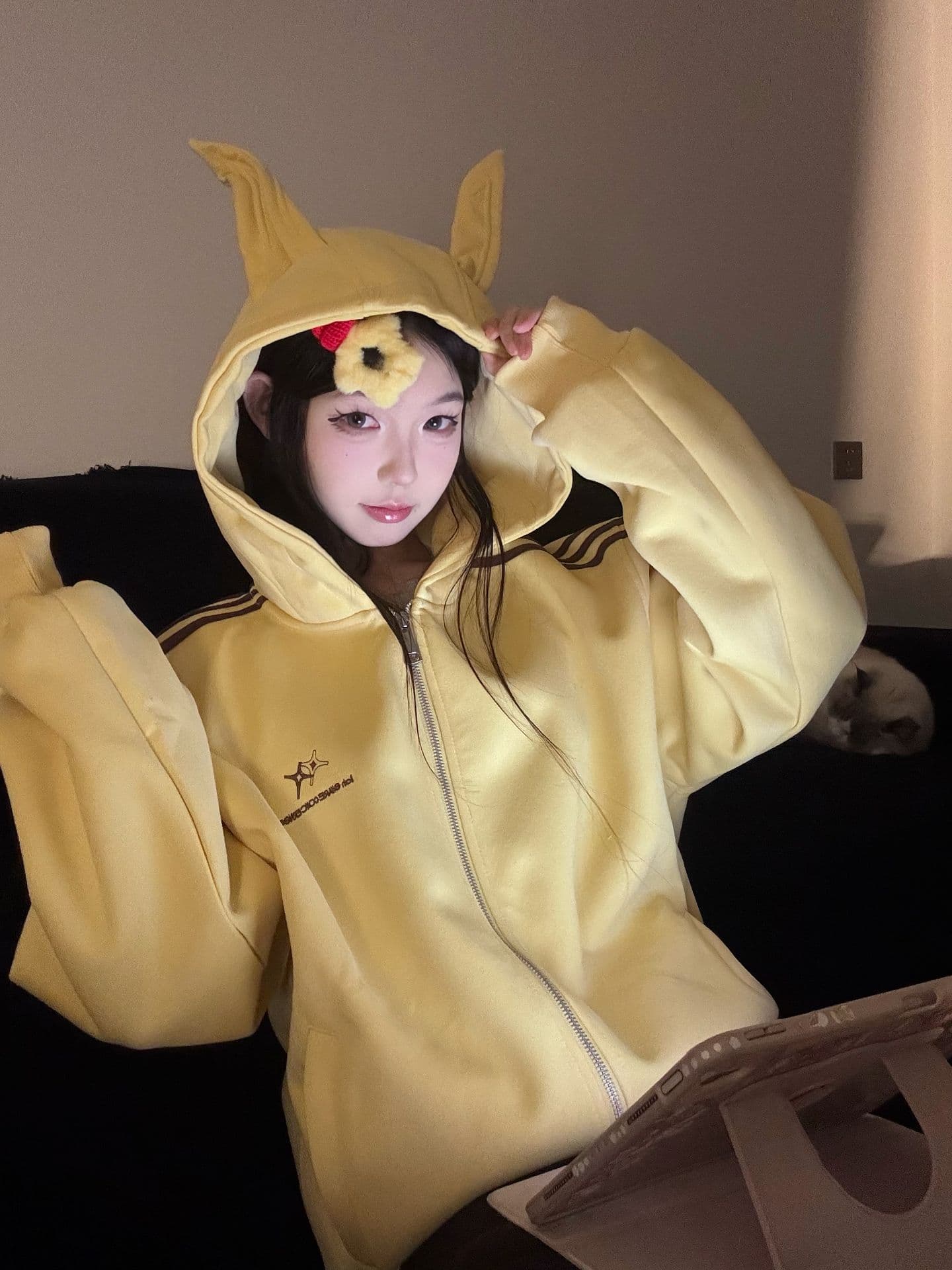 원본 압력 라인 백금 지퍼 연골 귀 순수한 Mianhua 면 복합 후드 티 스웨터 여성 이미지 3