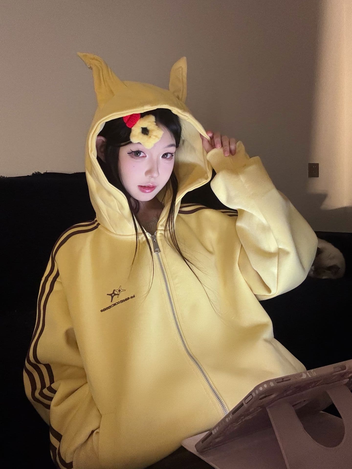 원본 압력 라인 백금 지퍼 연골 귀 순수한 Mianhua 면 복합 후드 티 스웨터 여성 상세 이미지 4
