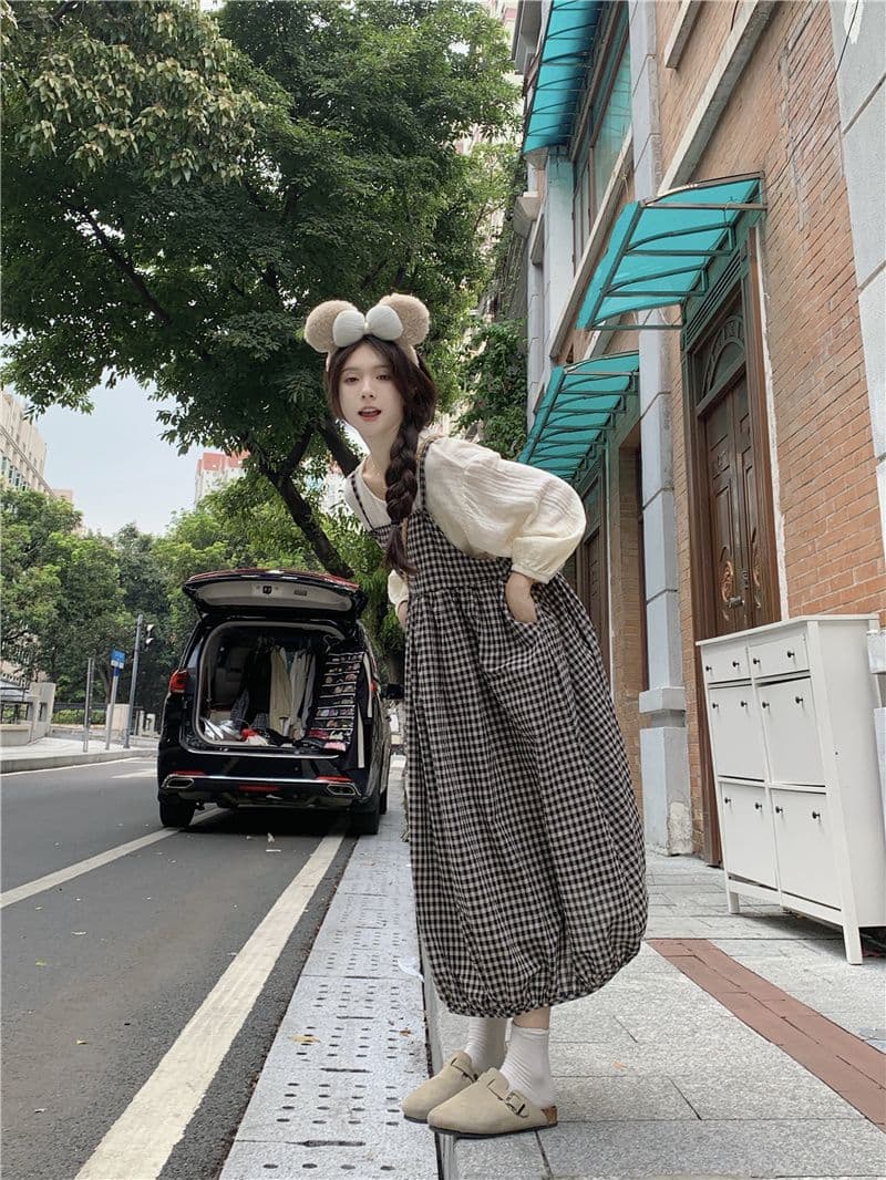 봄 2026 문예 작은 청신 여성 드레스 새로운 체크무늬 디자인 센스 루즈핏 하이웨이스트 중간 길이 멜빵 스커트 상세 이미지 4