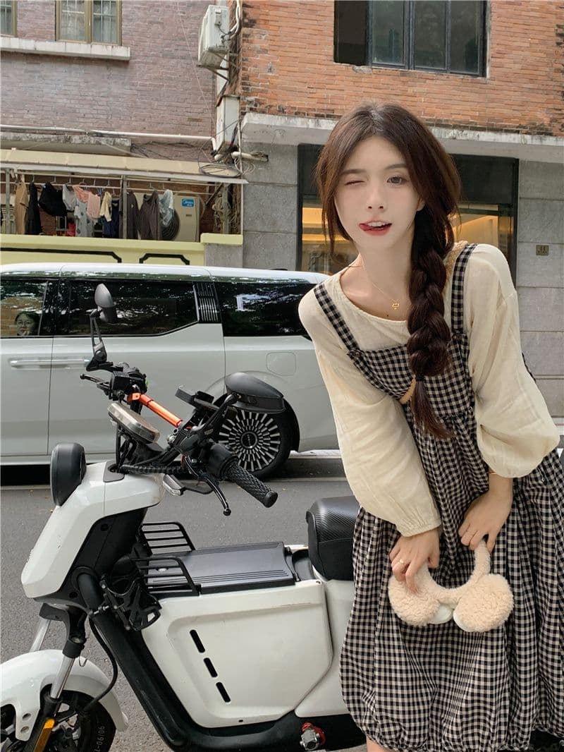 봄 2026 문예 작은 청신 여성 드레스 새로운 체크무늬 디자인 센스 루즈핏 하이웨이스트 중간 길이 멜빵 스커트 상세 이미지 20