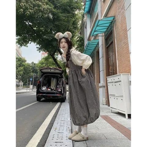 봄 2026 문예 작은 청신 여성 드레스 새로운 체크무늬 디자인 센스 루즈핏 하이웨이스트 중간 길이 멜빵 스커트 상세 이미지 22