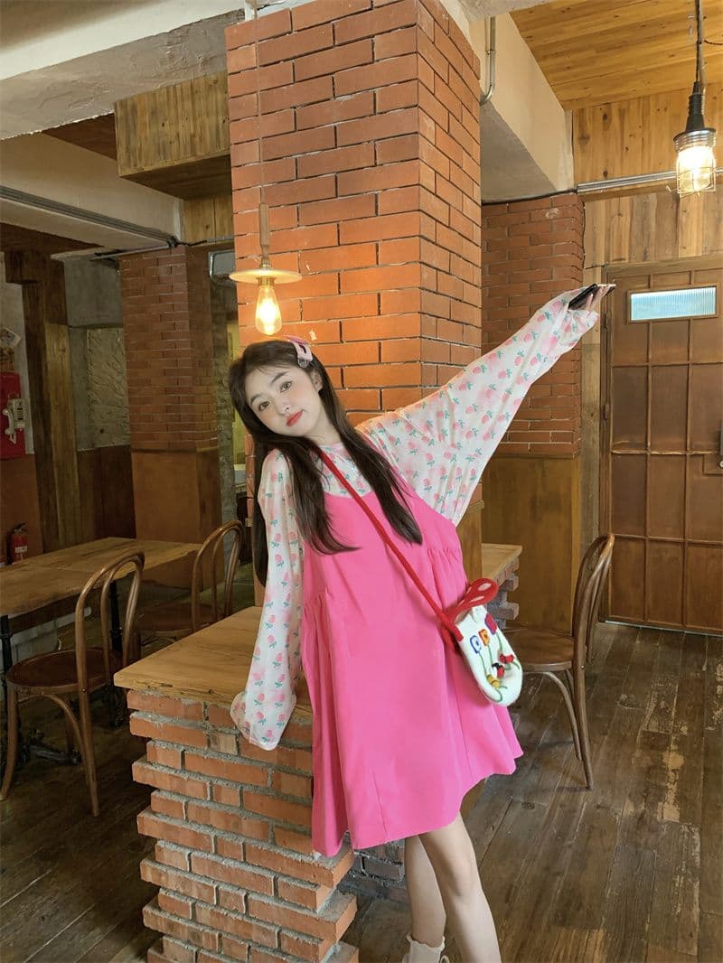 도파민 착용 가져 가라. 여름 2026 새로운 꽃무늬 긴팔 자외선 차단 맨위 슬립 여성 드레스 패션 투피스 세트 상세 이미지 9