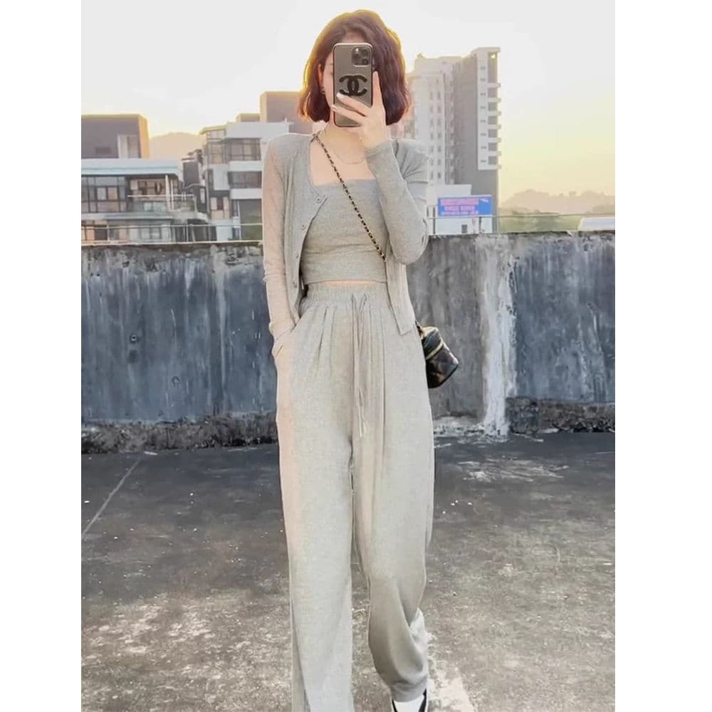 캐주얼 스포츠 슈트 가을 새로운 인기 항구 바람 고급 센스 튀김 거리 한국 스타일 와이드 레그 팬츠 3종 세트 이미지 5