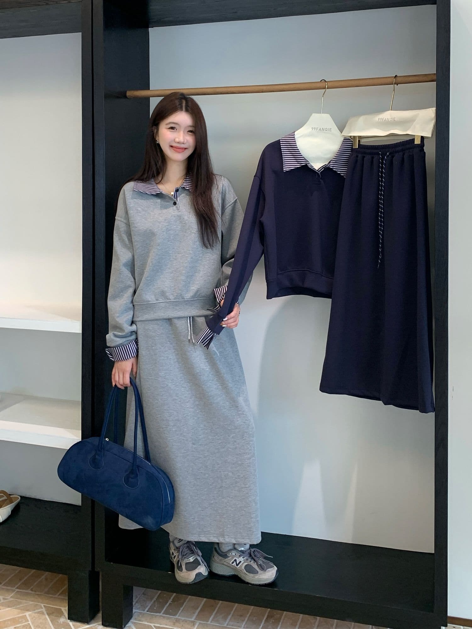 한 부서 학원 스타일 연령 감소 세트 여성 빅 사이즈 체크무늬 패치워크 후드티 반신 스커트 투피스 세트