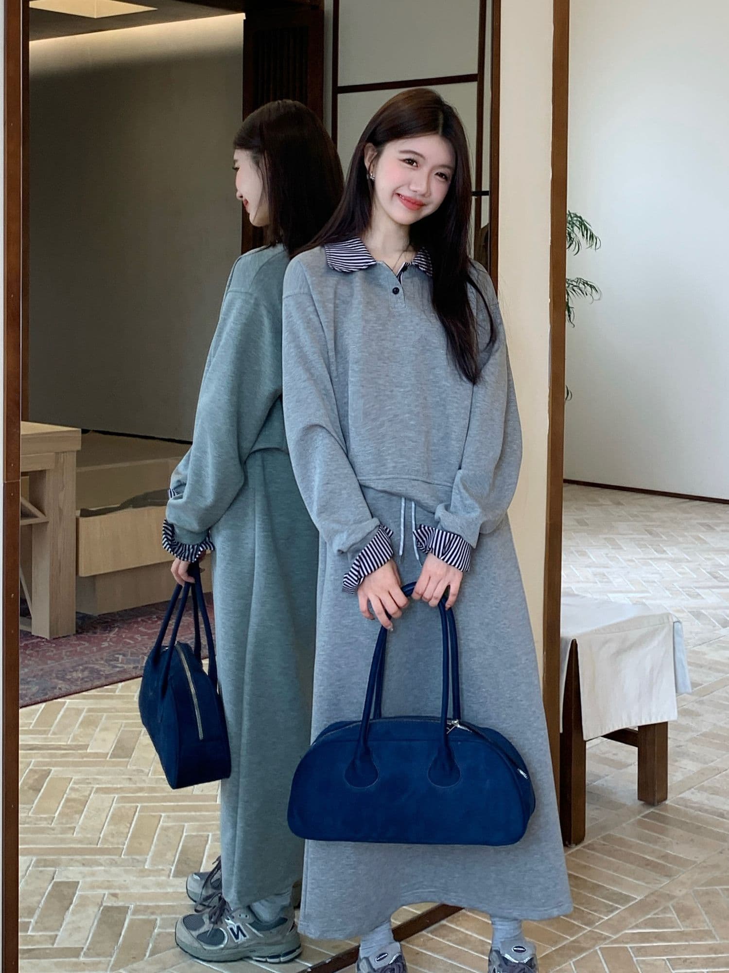 한 부서 학원 스타일 연령 감소 세트 여성 빅 사이즈 체크무늬 패치워크 후드티 반신 스커트 투피스 세트 이미지 3