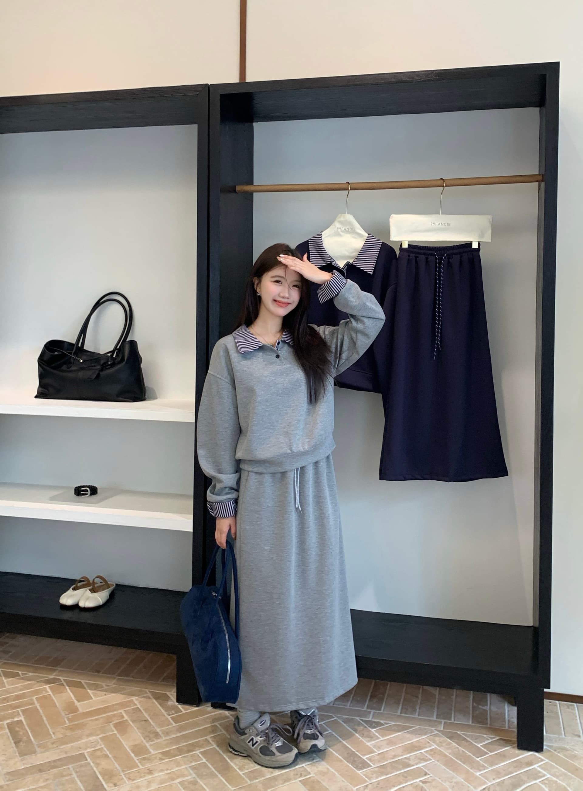 한 부서 학원 스타일 연령 감소 세트 여성 빅 사이즈 체크무늬 패치워크 후드티 반신 스커트 투피스 세트 상세 이미지 4