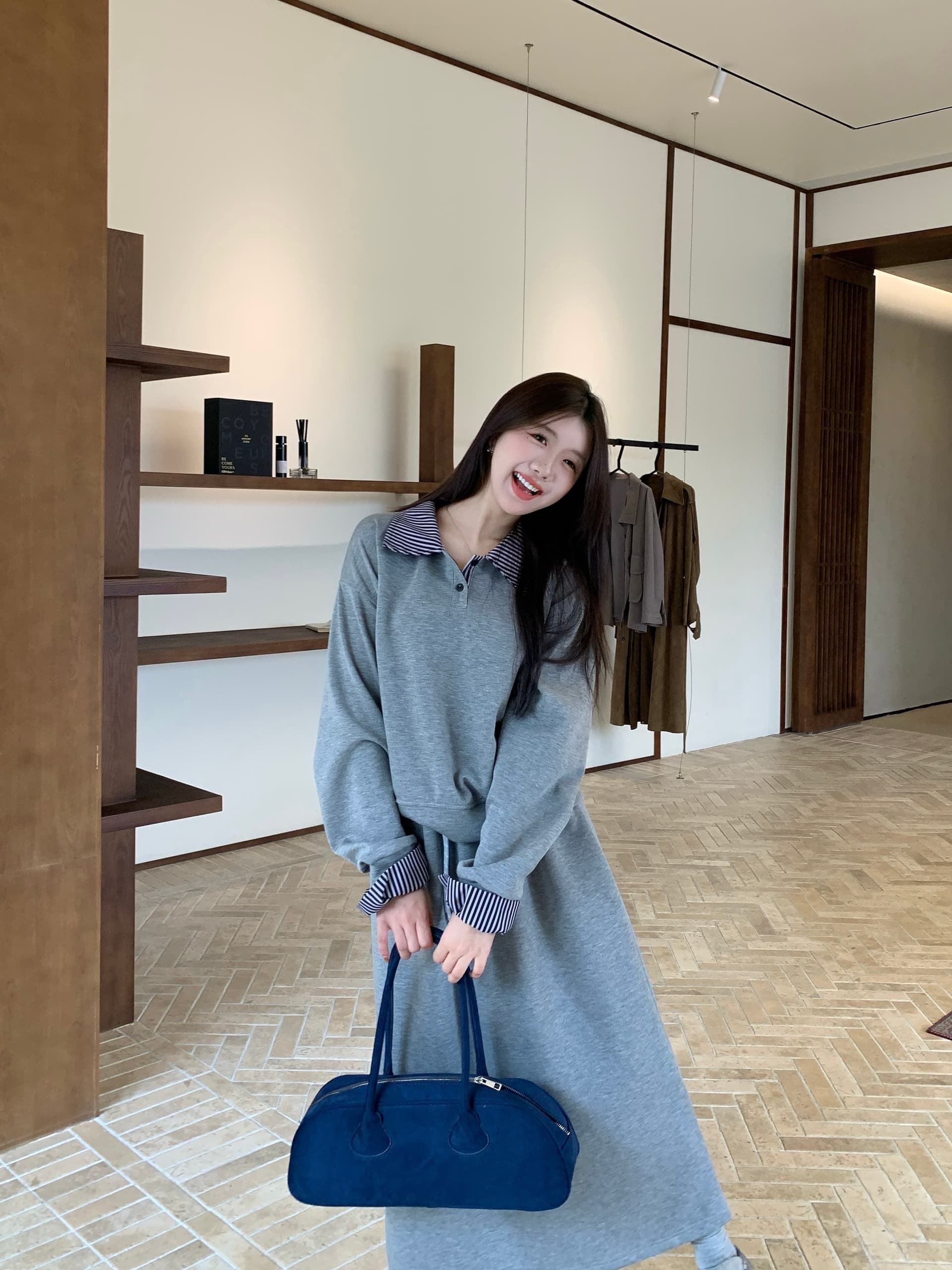 한 부서 학원 스타일 연령 감소 세트 여성 빅 사이즈 체크무늬 패치워크 후드티 반신 스커트 투피스 세트 상세 이미지 5