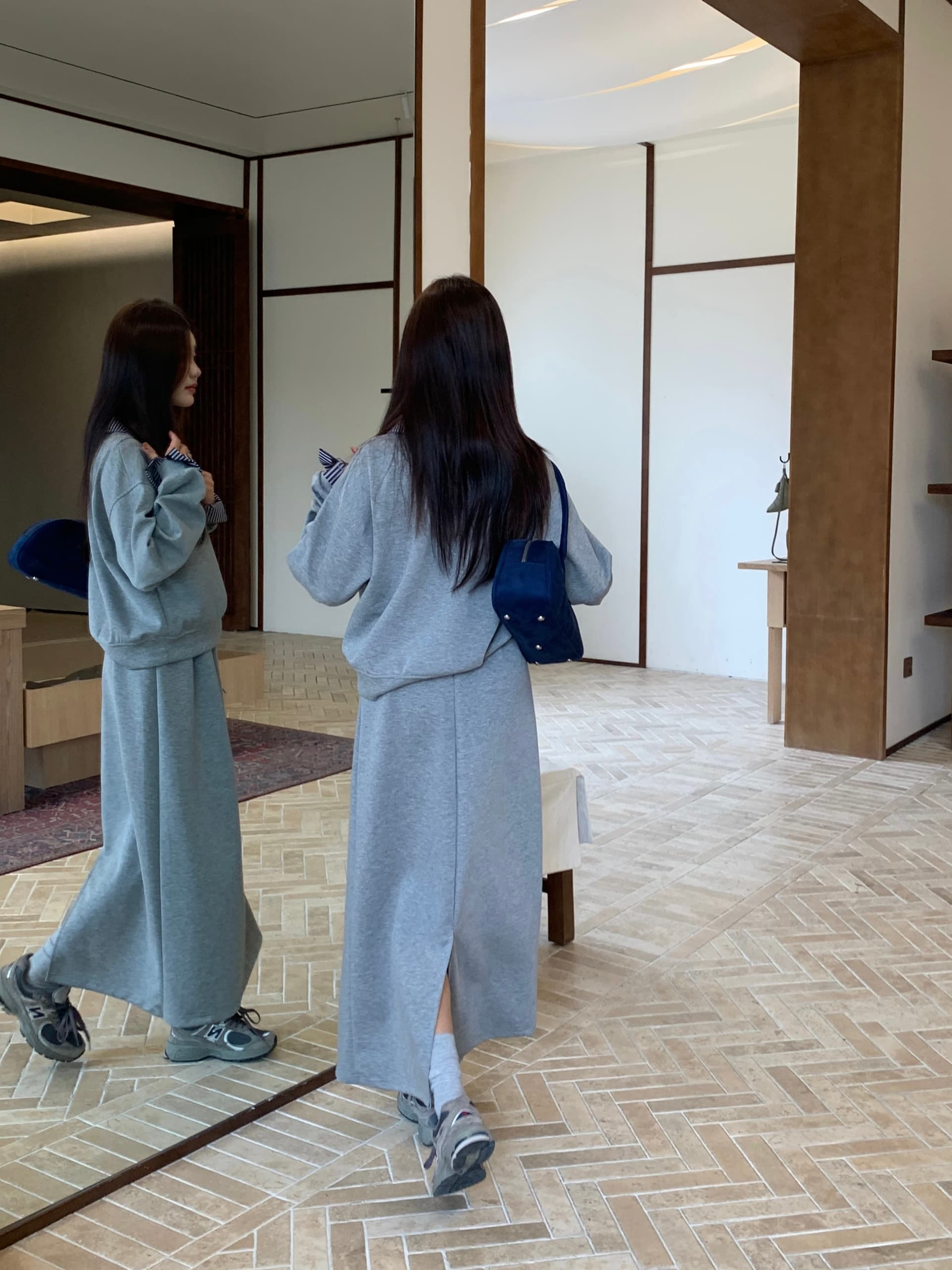 한 부서 학원 스타일 연령 감소 세트 여성 빅 사이즈 체크무늬 패치워크 후드티 반신 스커트 투피스 세트 상세 이미지 6