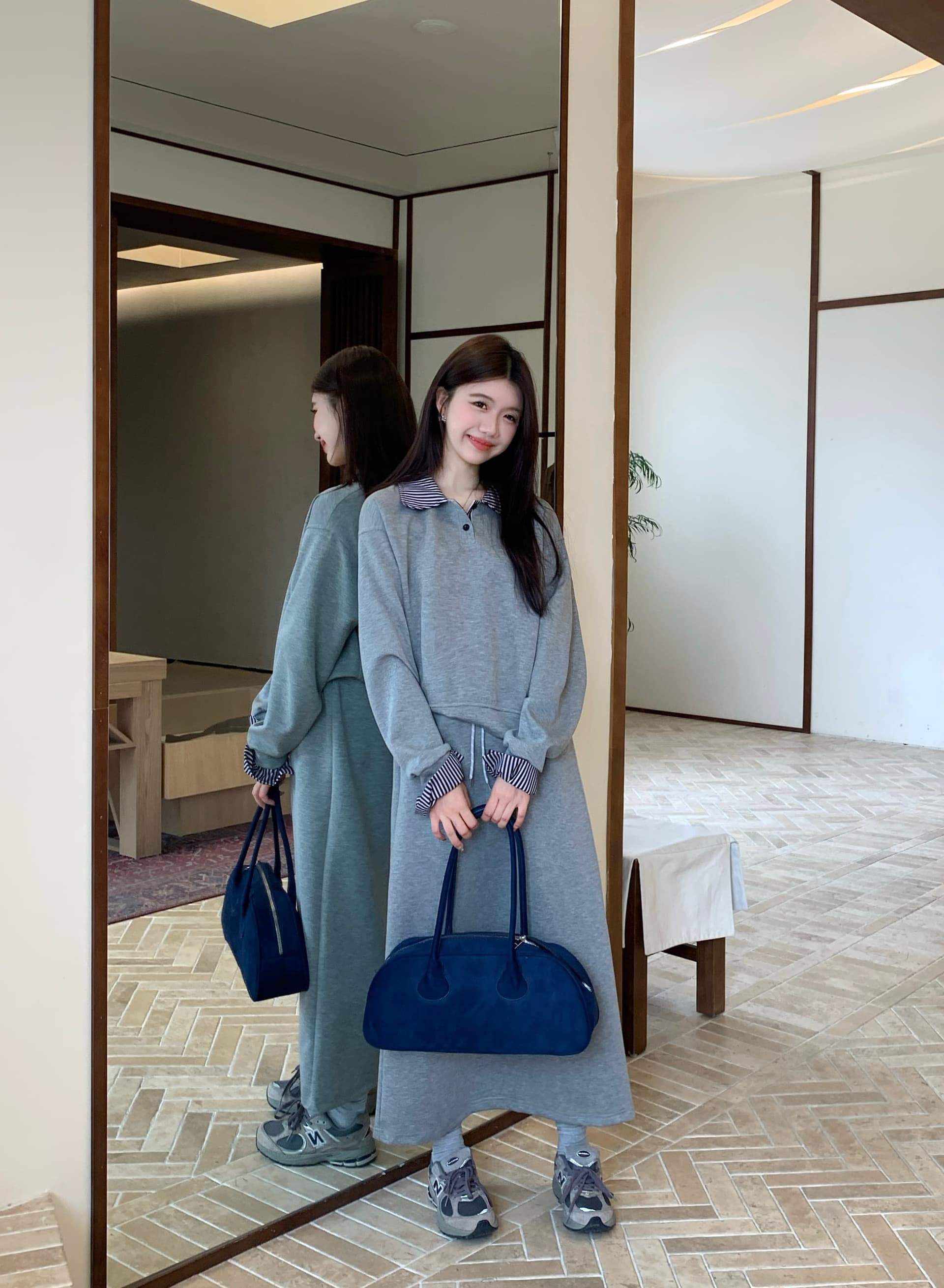 한 부서 학원 스타일 연령 감소 세트 여성 빅 사이즈 체크무늬 패치워크 후드티 반신 스커트 투피스 세트 상세 이미지 11