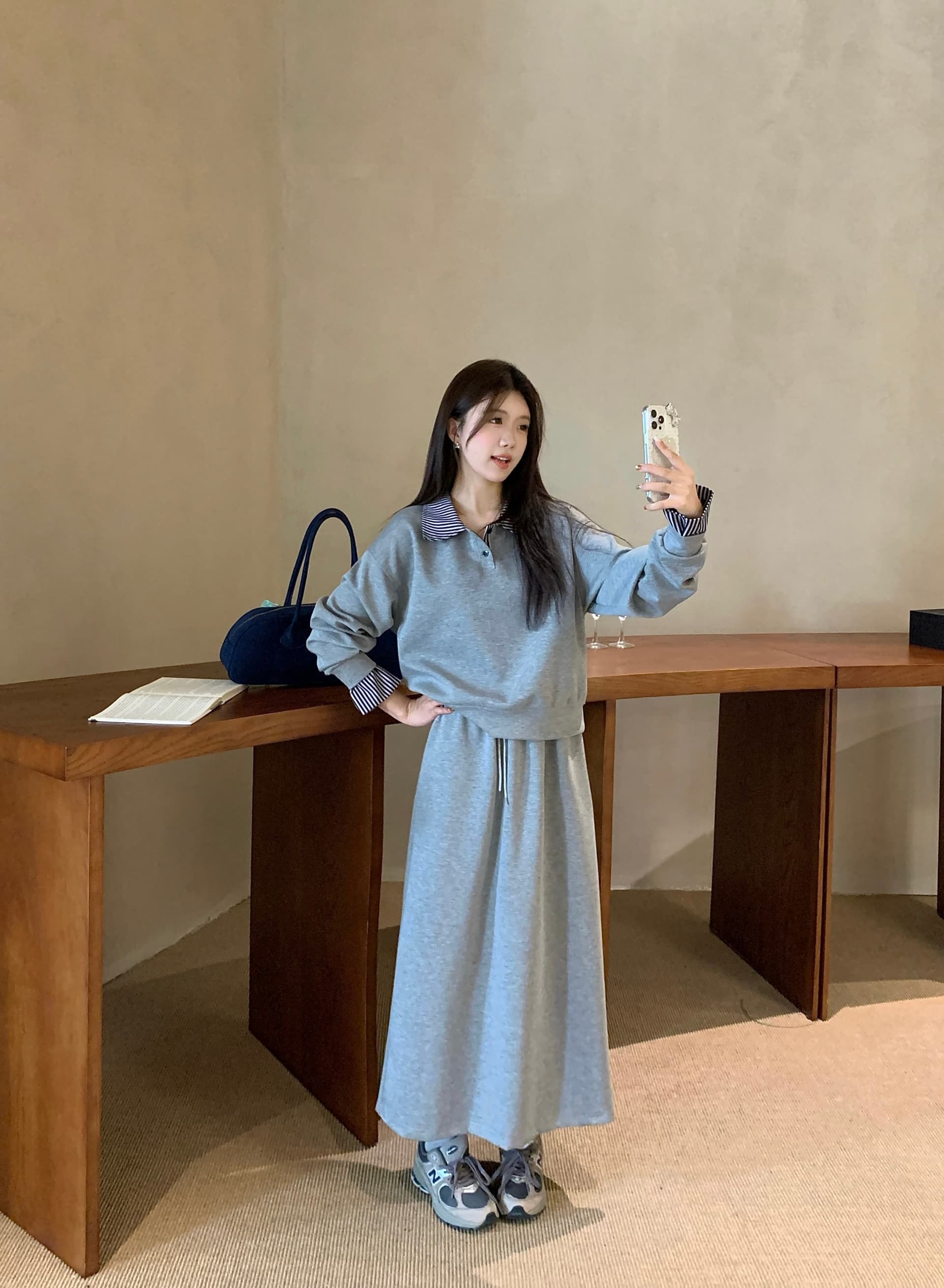 한 부서 학원 스타일 연령 감소 세트 여성 빅 사이즈 체크무늬 패치워크 후드티 반신 스커트 투피스 세트 상세 이미지 14
