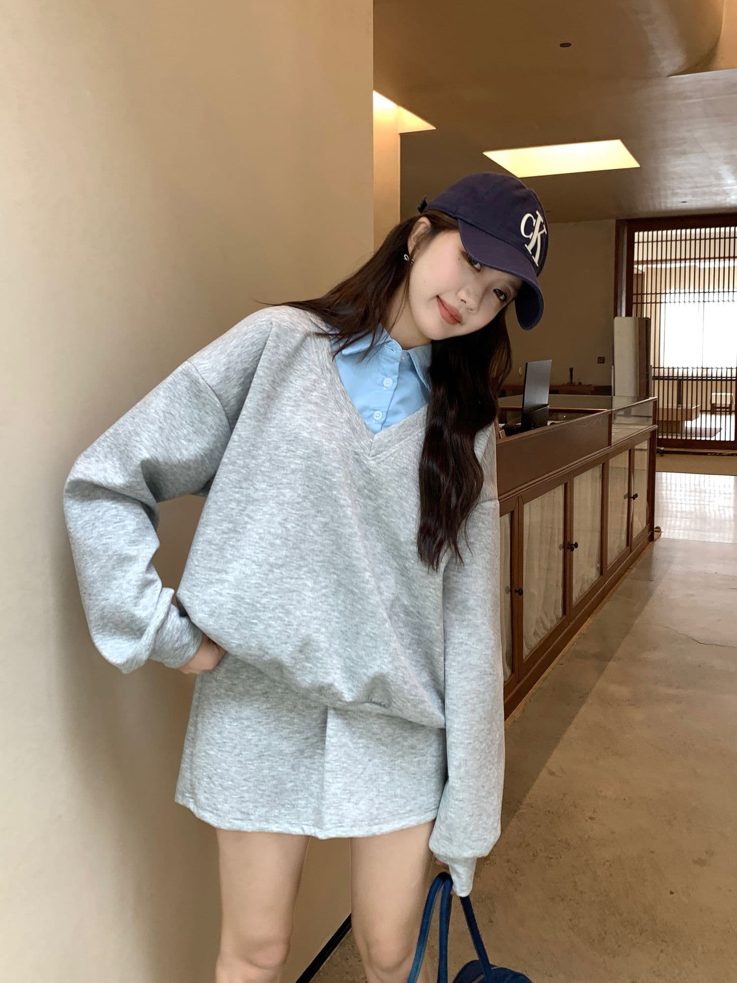 페이크 레이어드 후드티 반신 스커트 POLO 칼라 반신 스커트 투피스 세트 학원 느긋한 세트
