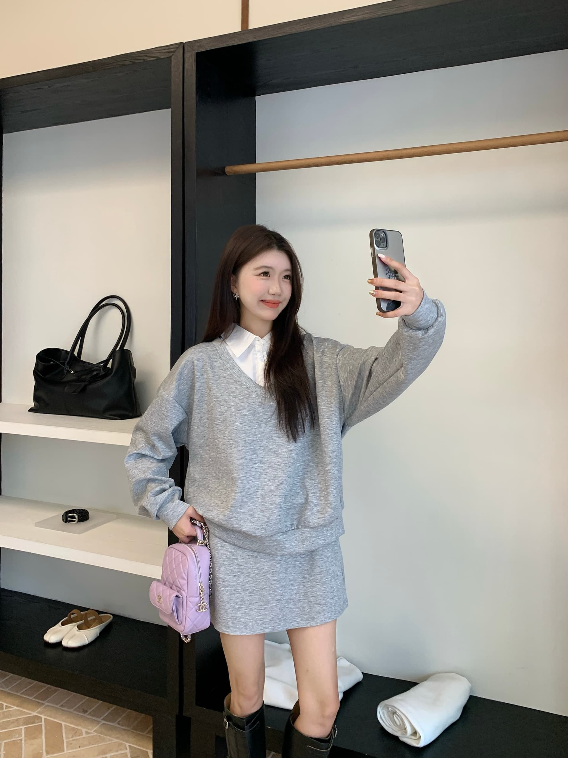 페이크 레이어드 후드티 반신 스커트 POLO 칼라 반신 스커트 투피스 세트 학원 느긋한 세트 상세 이미지 3
