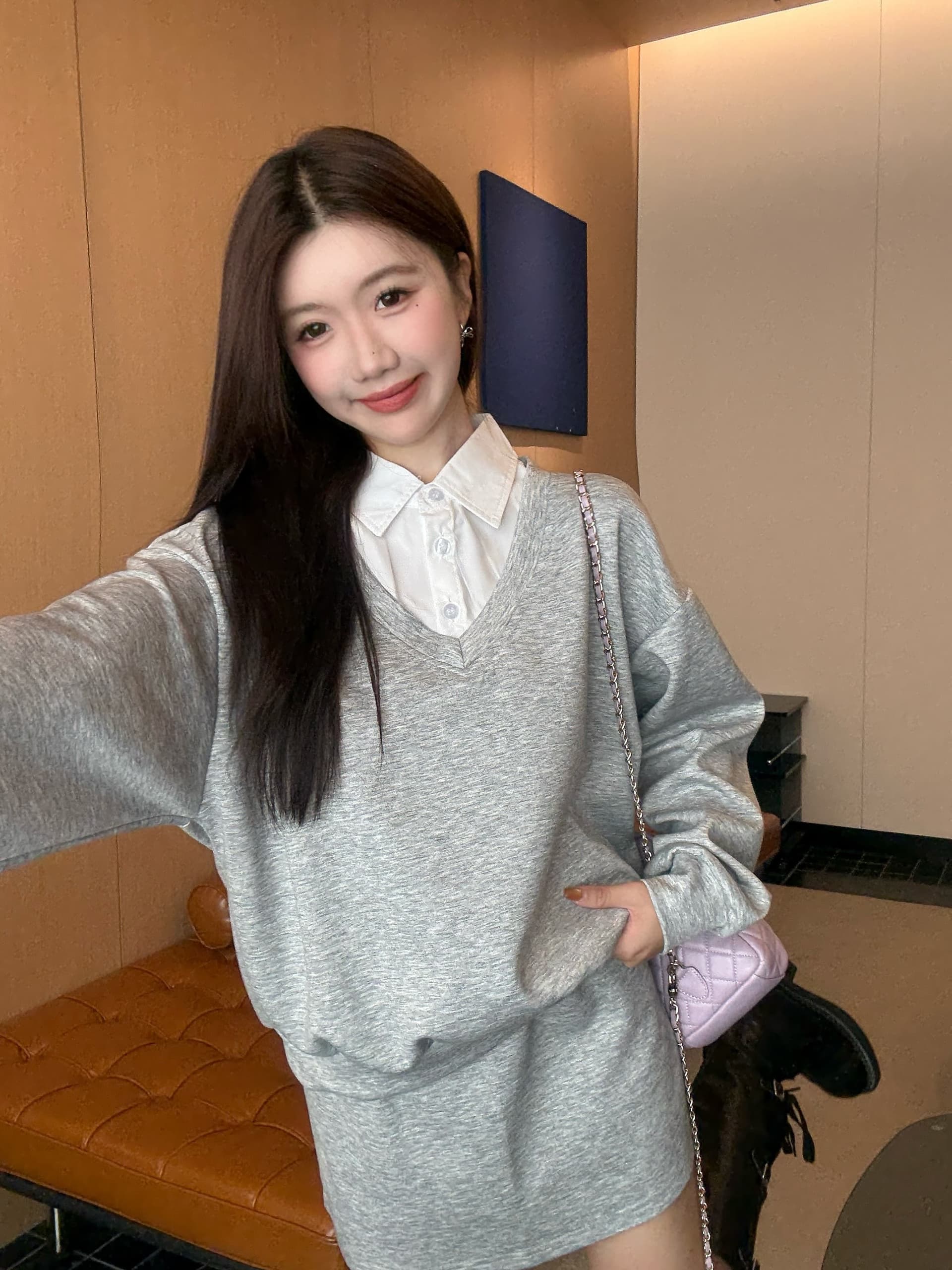 페이크 레이어드 후드티 반신 스커트 POLO 칼라 반신 스커트 투피스 세트 학원 느긋한 세트 상세 이미지 6