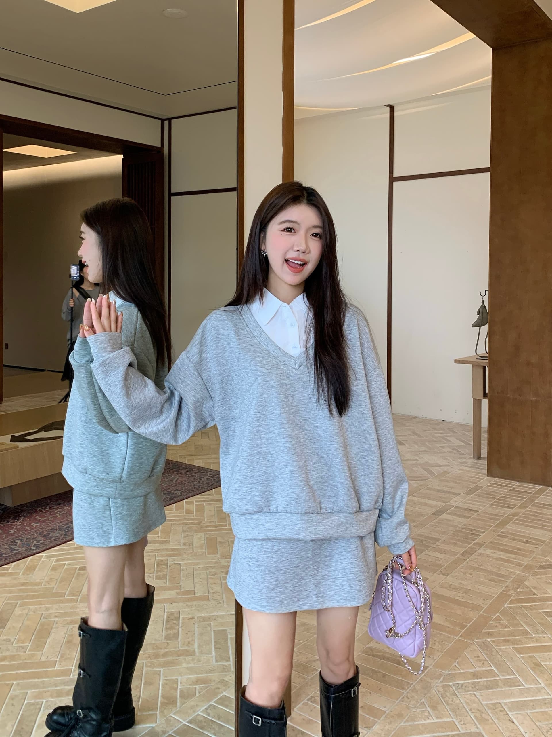 페이크 레이어드 후드티 반신 스커트 POLO 칼라 반신 스커트 투피스 세트 학원 느긋한 세트 상세 이미지 7