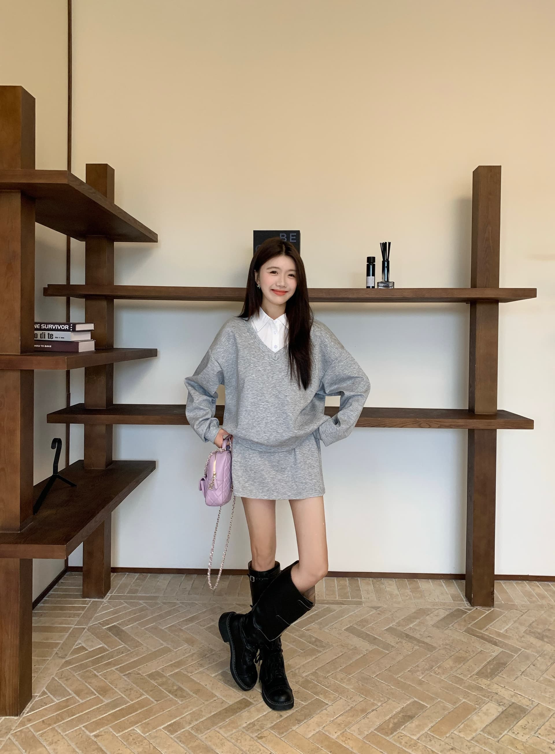 페이크 레이어드 후드티 반신 스커트 POLO 칼라 반신 스커트 투피스 세트 학원 느긋한 세트 상세 이미지 10