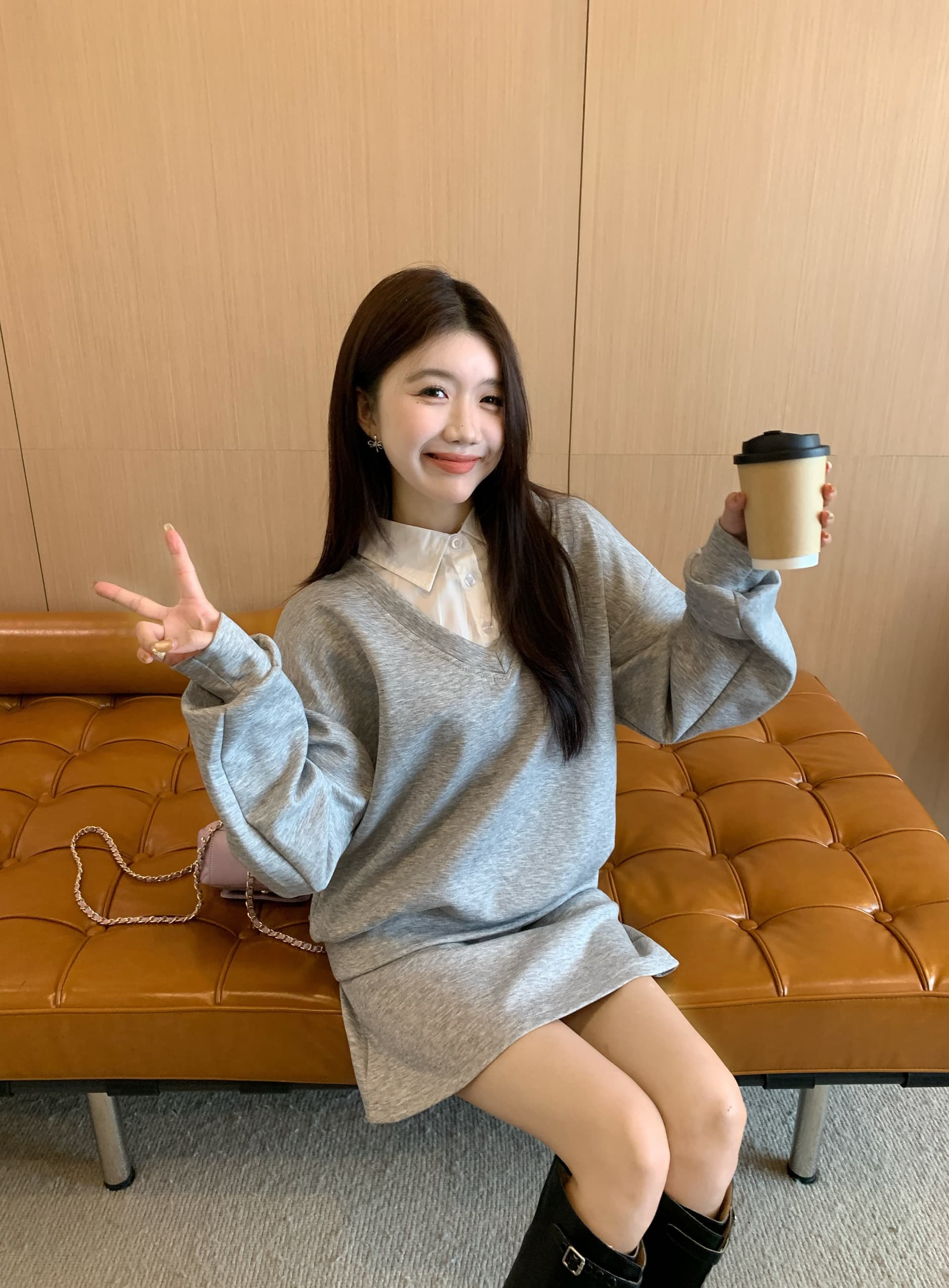 페이크 레이어드 후드티 반신 스커트 POLO 칼라 반신 스커트 투피스 세트 학원 느긋한 세트 상세 이미지 11
