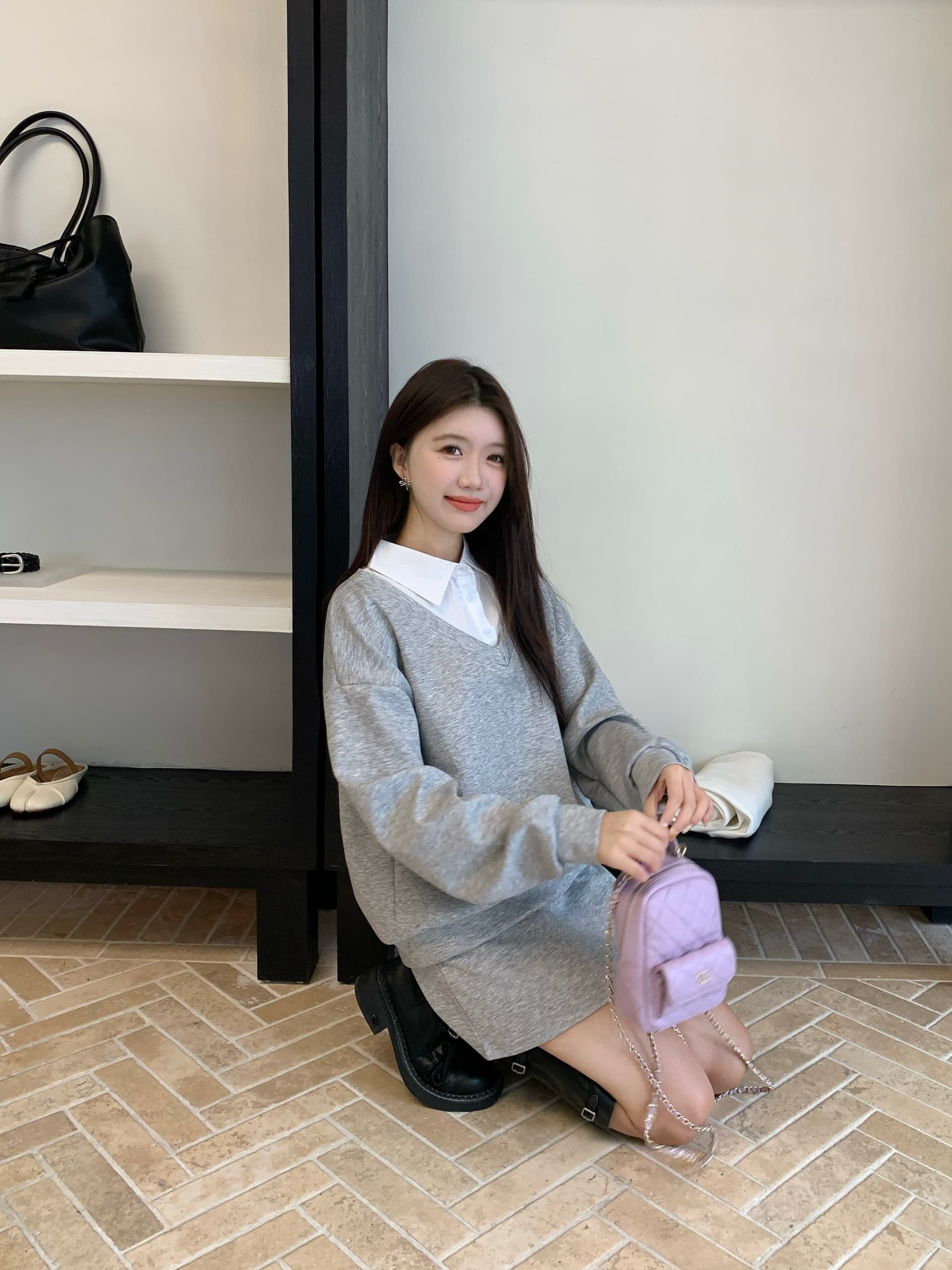 페이크 레이어드 후드티 반신 스커트 POLO 칼라 반신 스커트 투피스 세트 학원 느긋한 세트 상세 이미지 12