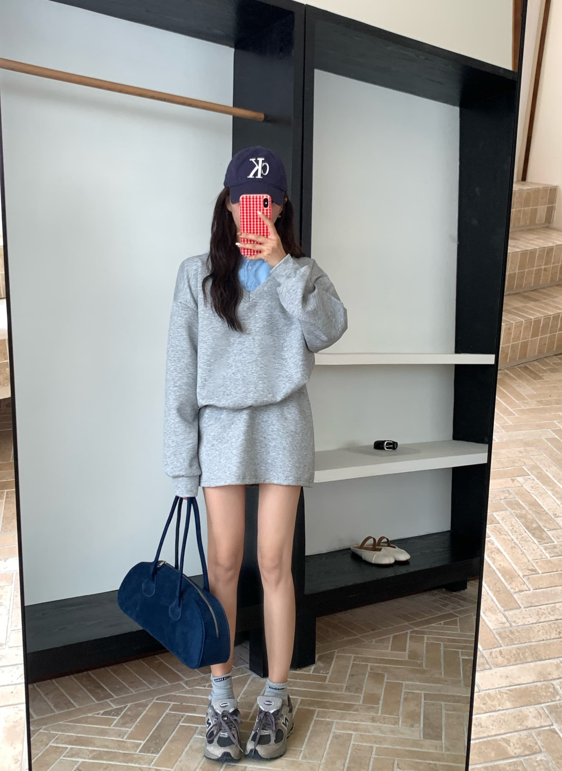 페이크 레이어드 후드티 반신 스커트 POLO 칼라 반신 스커트 투피스 세트 학원 느긋한 세트 상세 이미지 15
