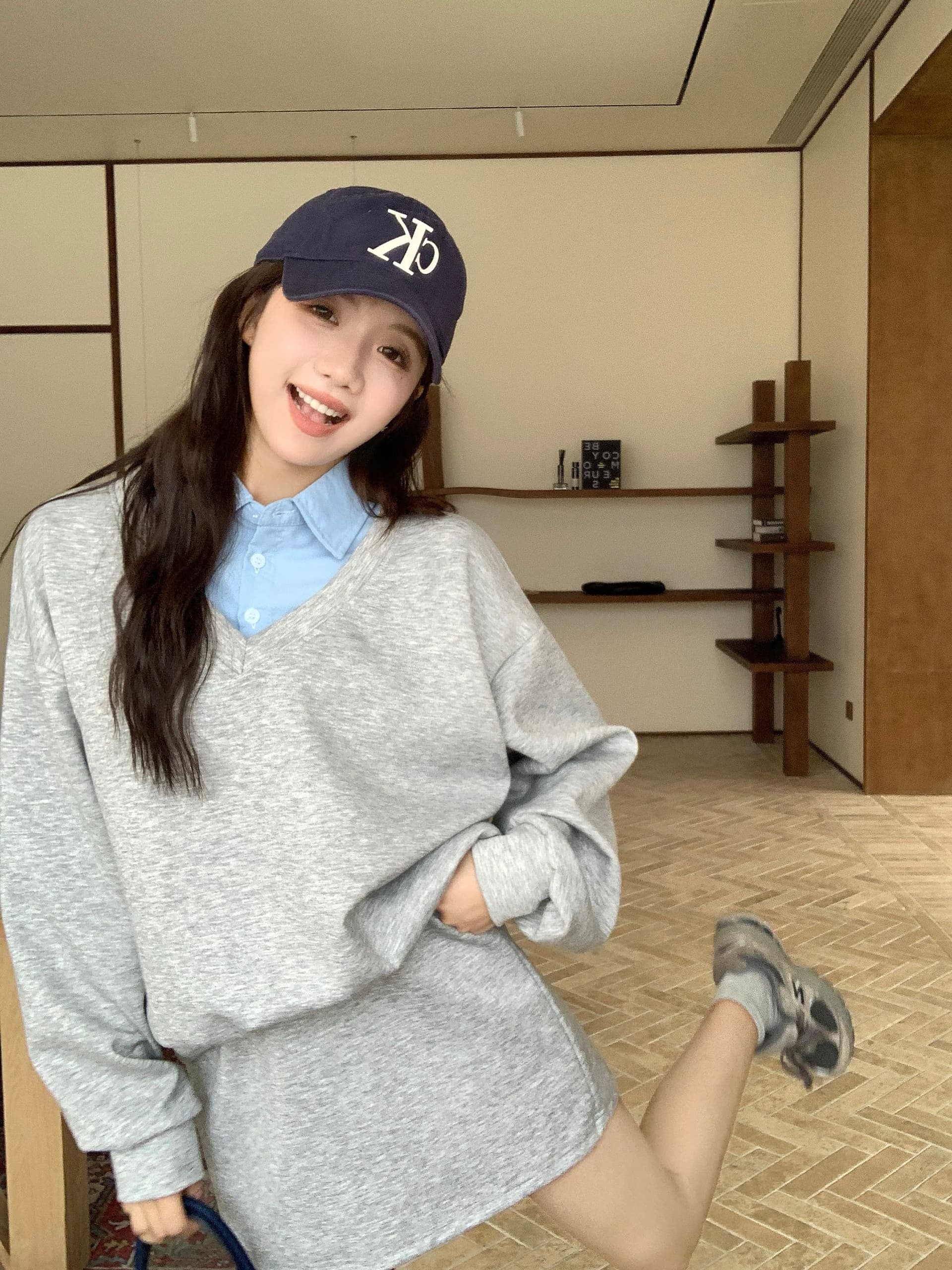 페이크 레이어드 후드티 반신 스커트 POLO 칼라 반신 스커트 투피스 세트 학원 느긋한 세트 상세 이미지 20