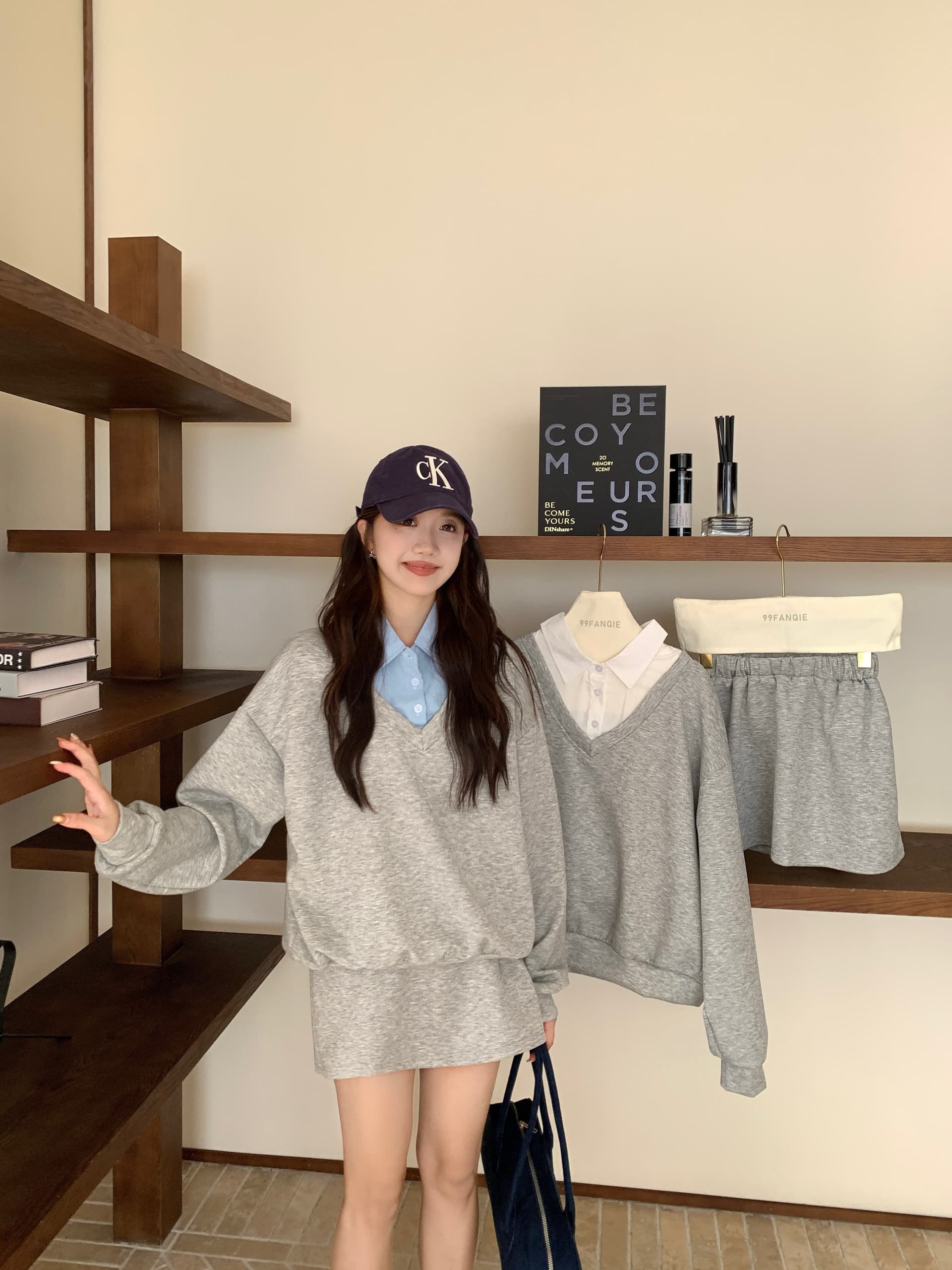 페이크 레이어드 후드티 반신 스커트 POLO 칼라 반신 스커트 투피스 세트 학원 느긋한 세트 상세 이미지 21