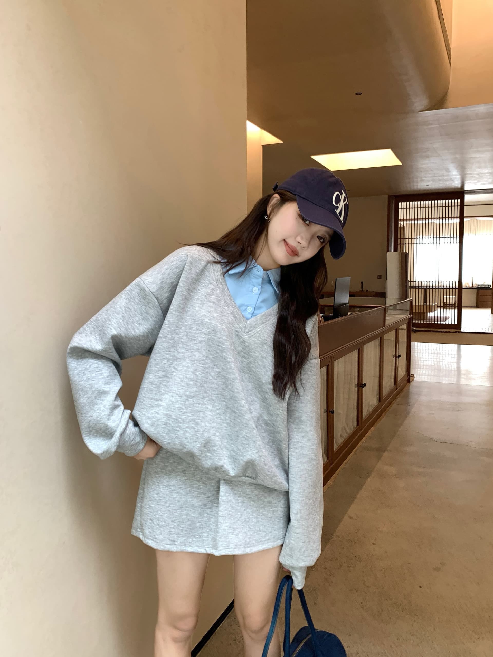 페이크 레이어드 후드티 반신 스커트 POLO 칼라 반신 스커트 투피스 세트 학원 느긋한 세트 상세 이미지 24
