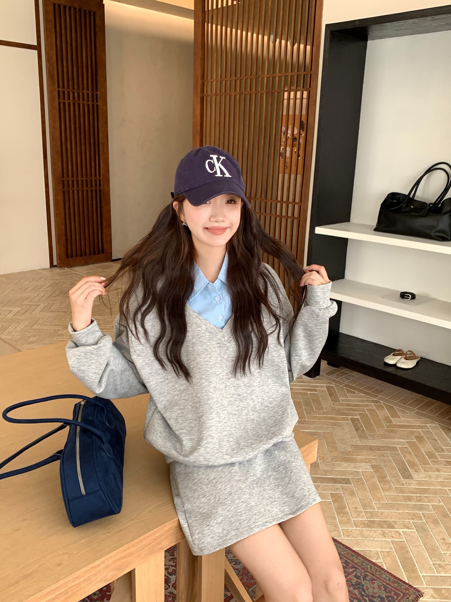 페이크 레이어드 후드티 반신 스커트 POLO 칼라 반신 스커트 투피스 세트 학원 느긋한 세트 상세 이미지 25