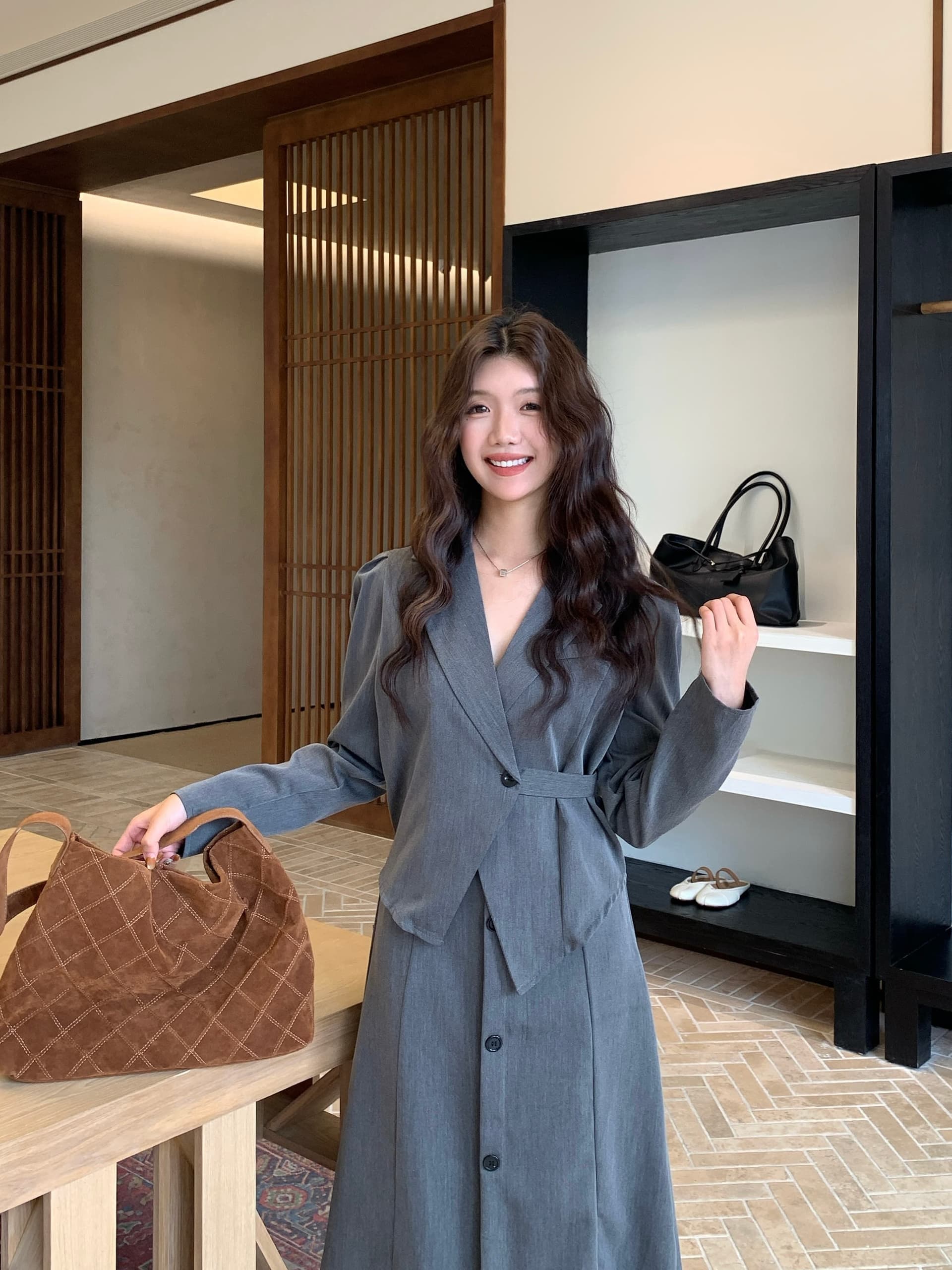 조기 가을 새로운 품격 고급 센스 패션 긴팔 정장 하이웨이스트 반신 스커트 투피스 세트 상세 이미지 13