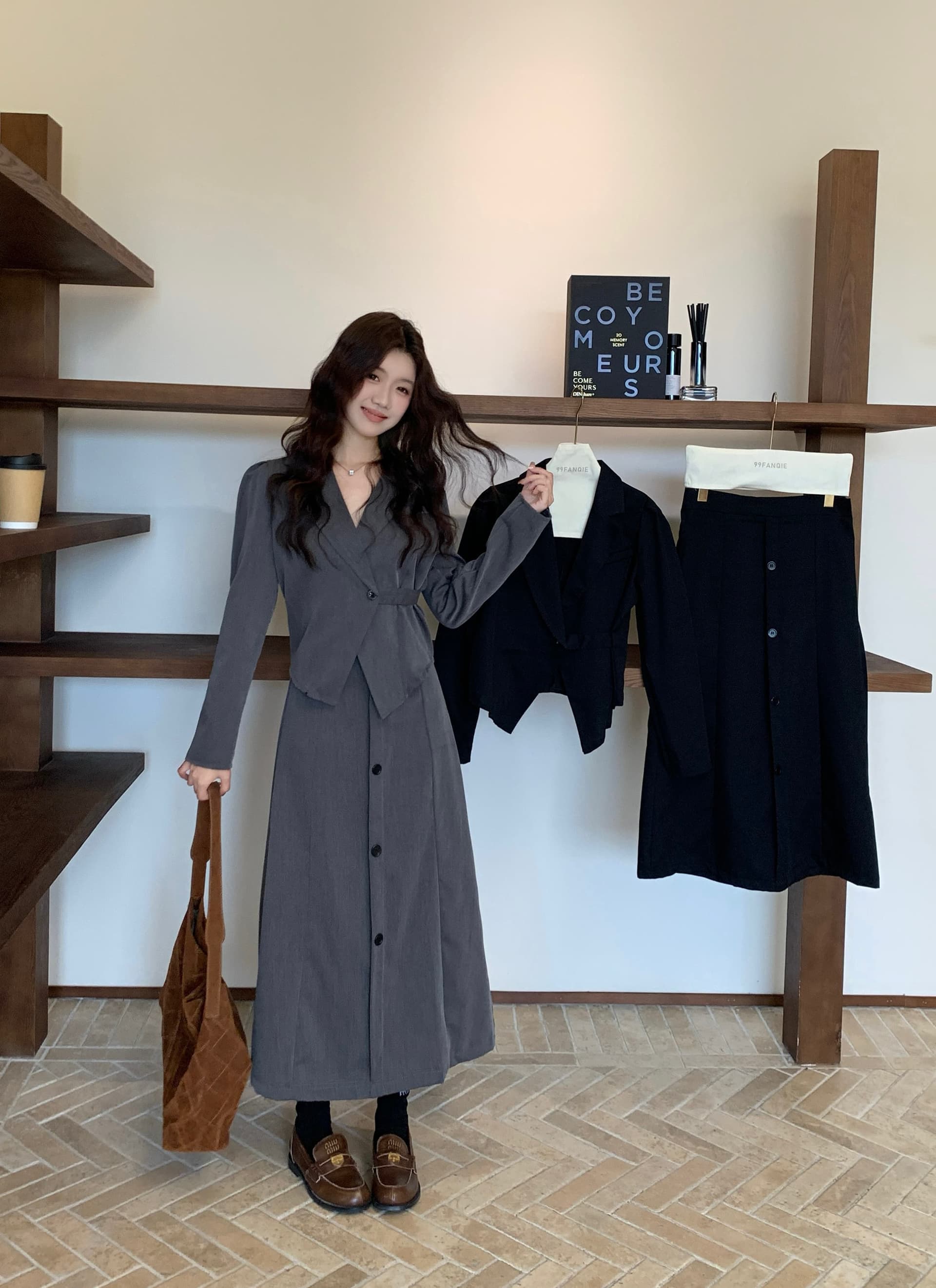 조기 가을 새로운 품격 고급 센스 패션 긴팔 정장 하이웨이스트 반신 스커트 투피스 세트 상세 이미지 21